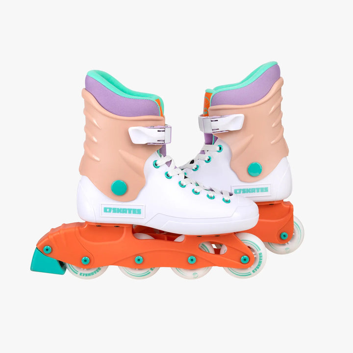 Pair of roller skates with orange and white design on a white background