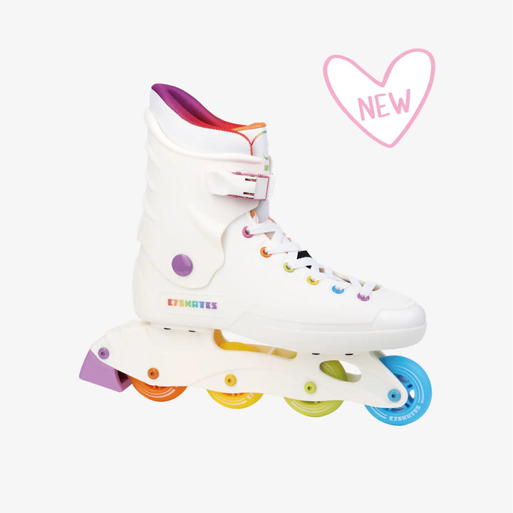 White roller skate with colorful wheels on a white background, featuring the brand 'C7Skates'.