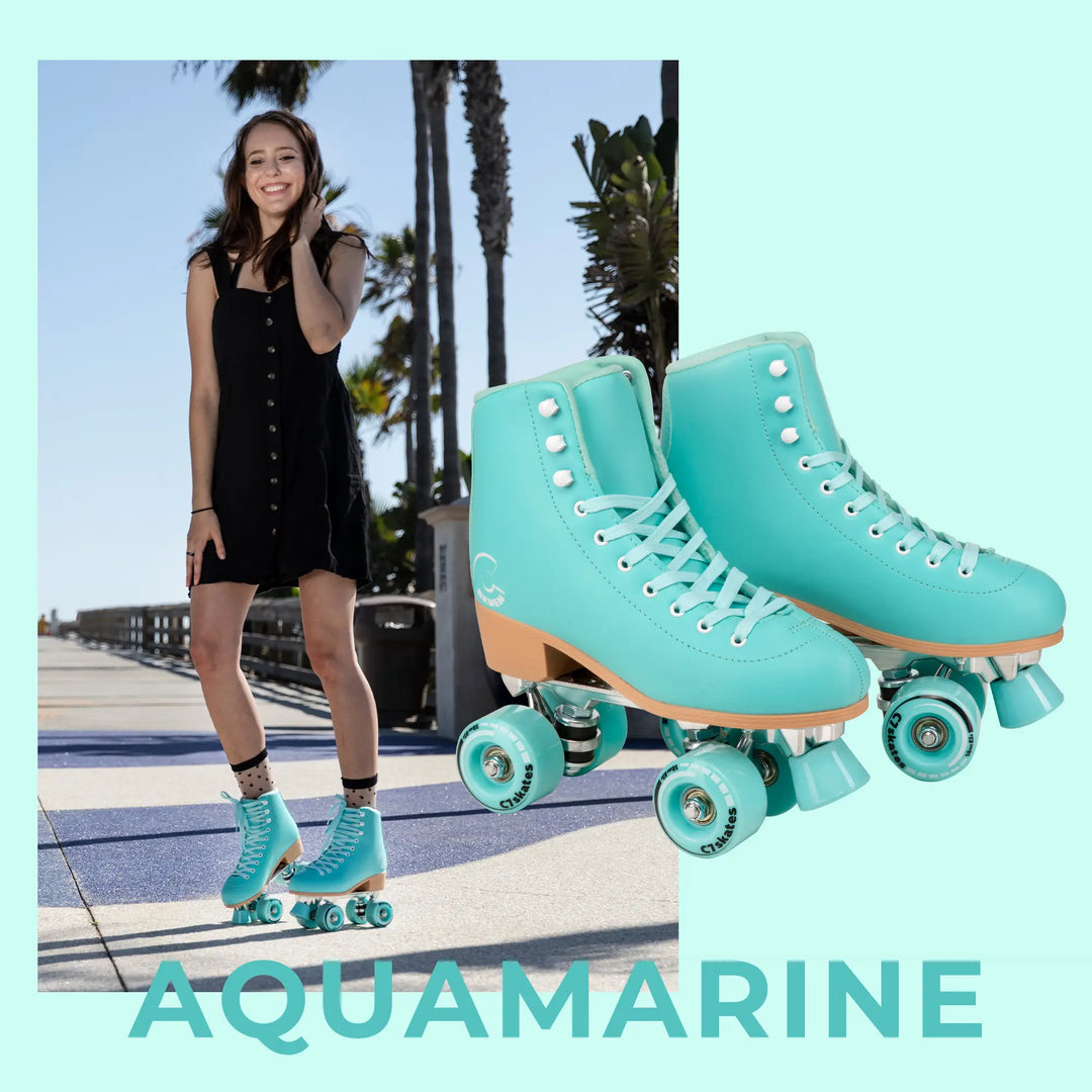 Person wearing aquamarine roller skates with palm trees in the background