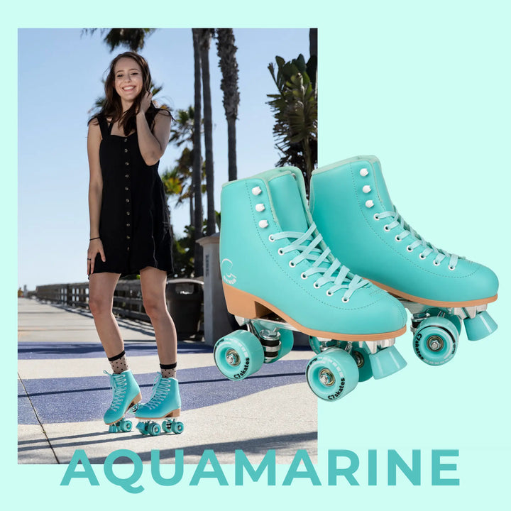 Person wearing aquamarine roller skates with palm trees in the background