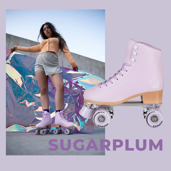 Person wearing roller skates with a colorful background and 'SUGARPLUM' text.