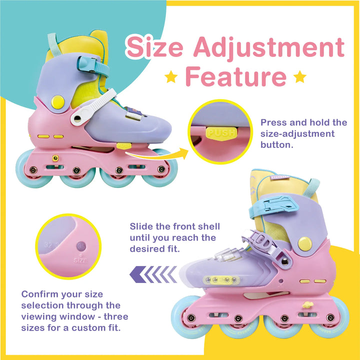 Pink and yellow roller skates with size adjustment feature on a colorful background