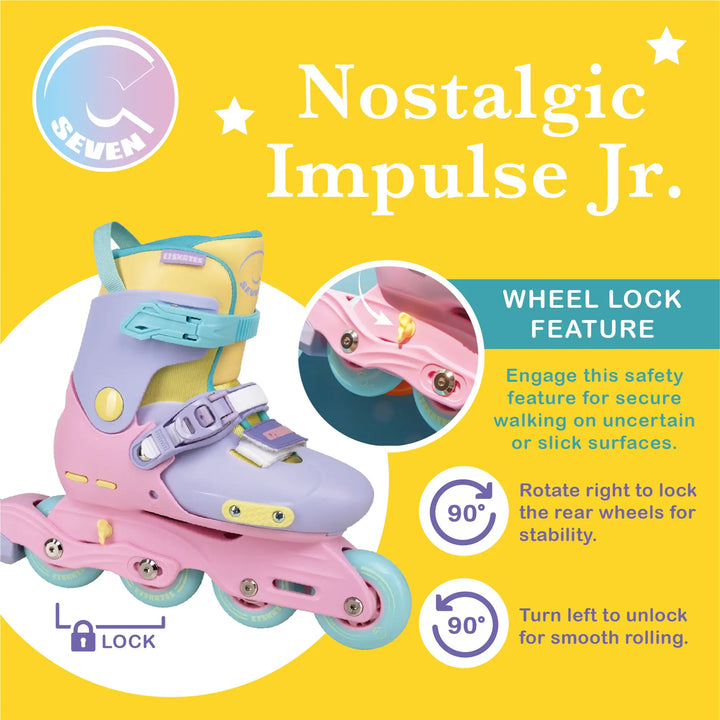 Pink and purple roller skates with wheel lock feature on a yellow background
