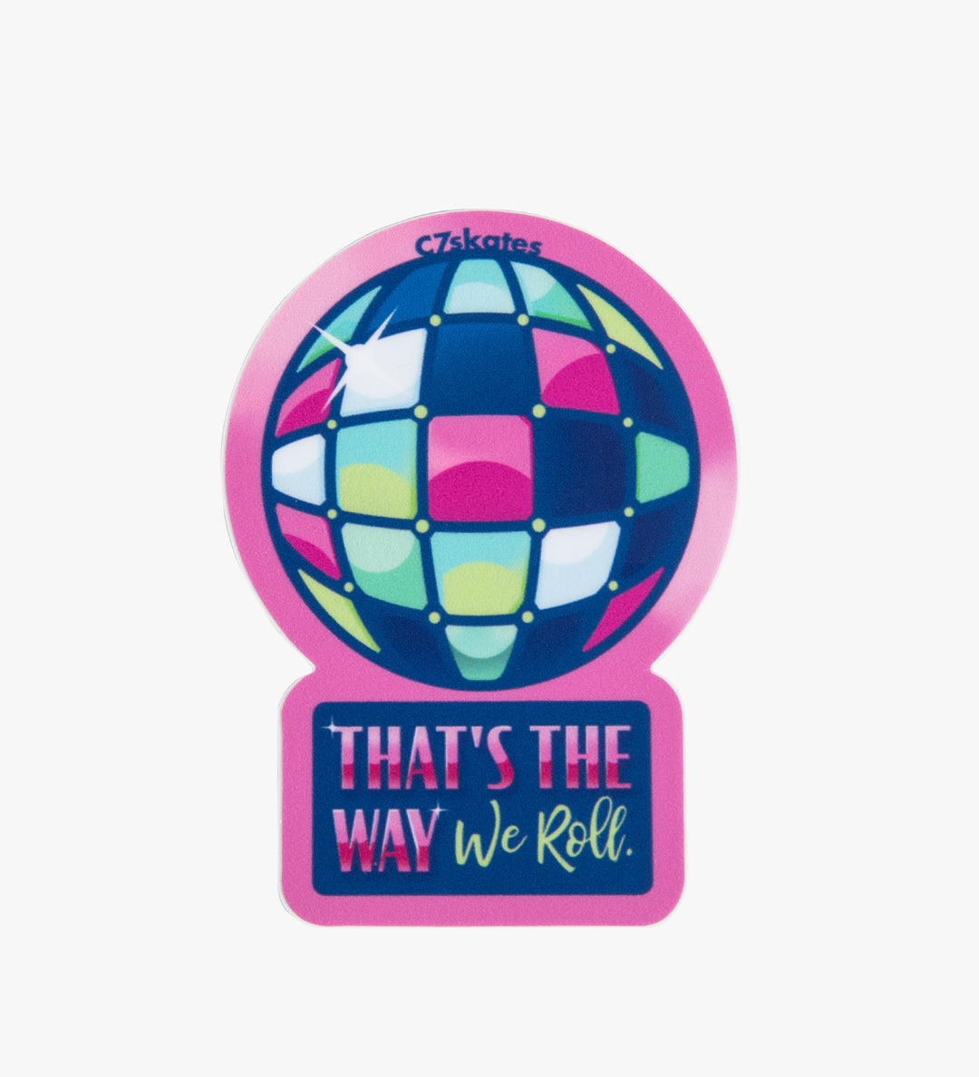 C7skates Disco Ball decorative sticker with green, blue and pink details: 2.18 x 3-inches in a matte finish print. 