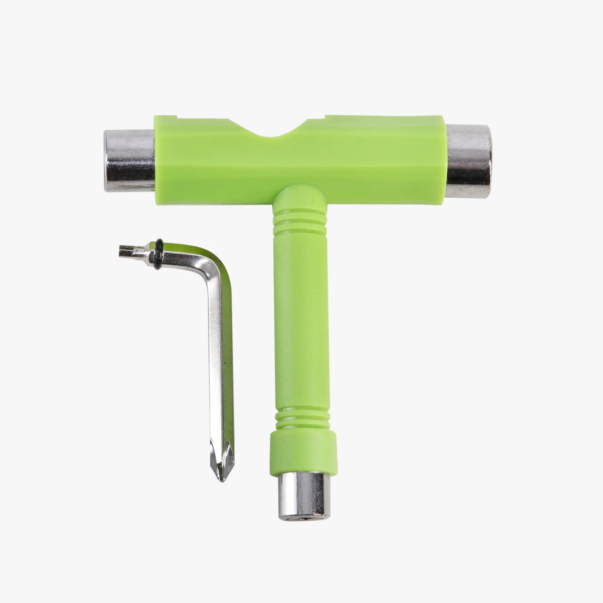 Green and silver T-shaped tool on a white background