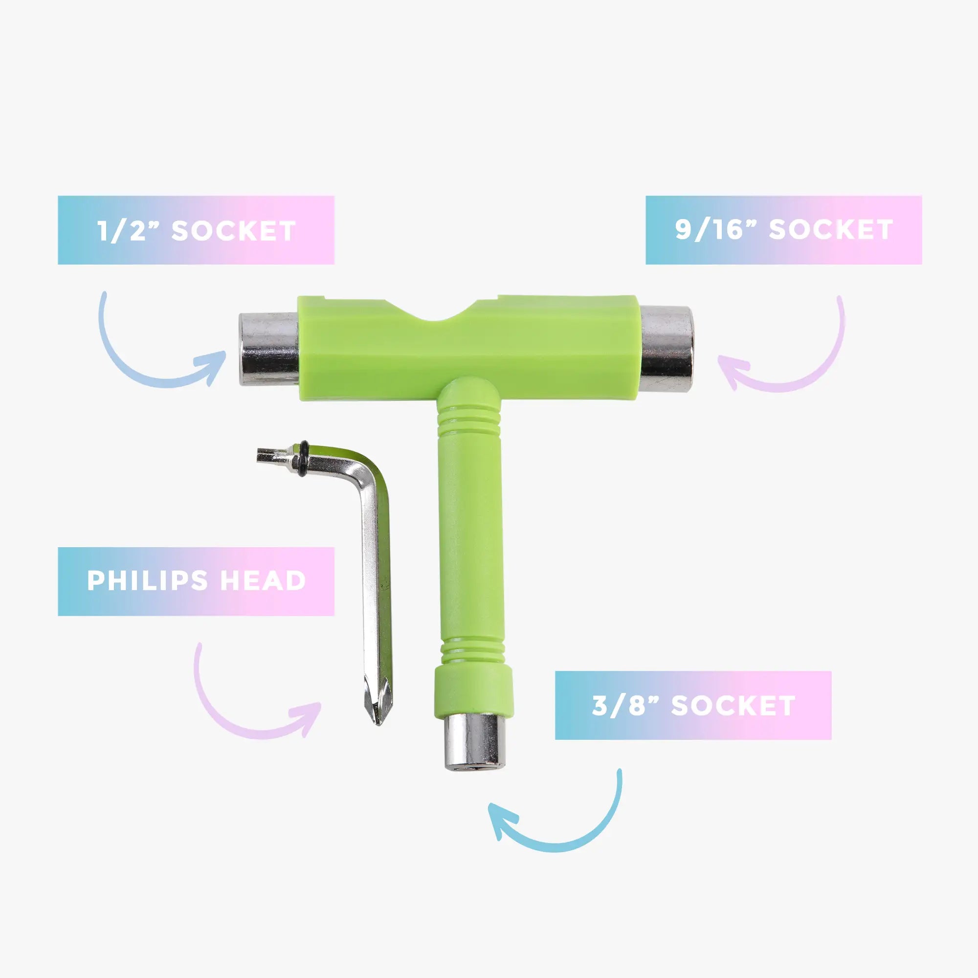 Green T-shaped tool with labeled sockets on a white background