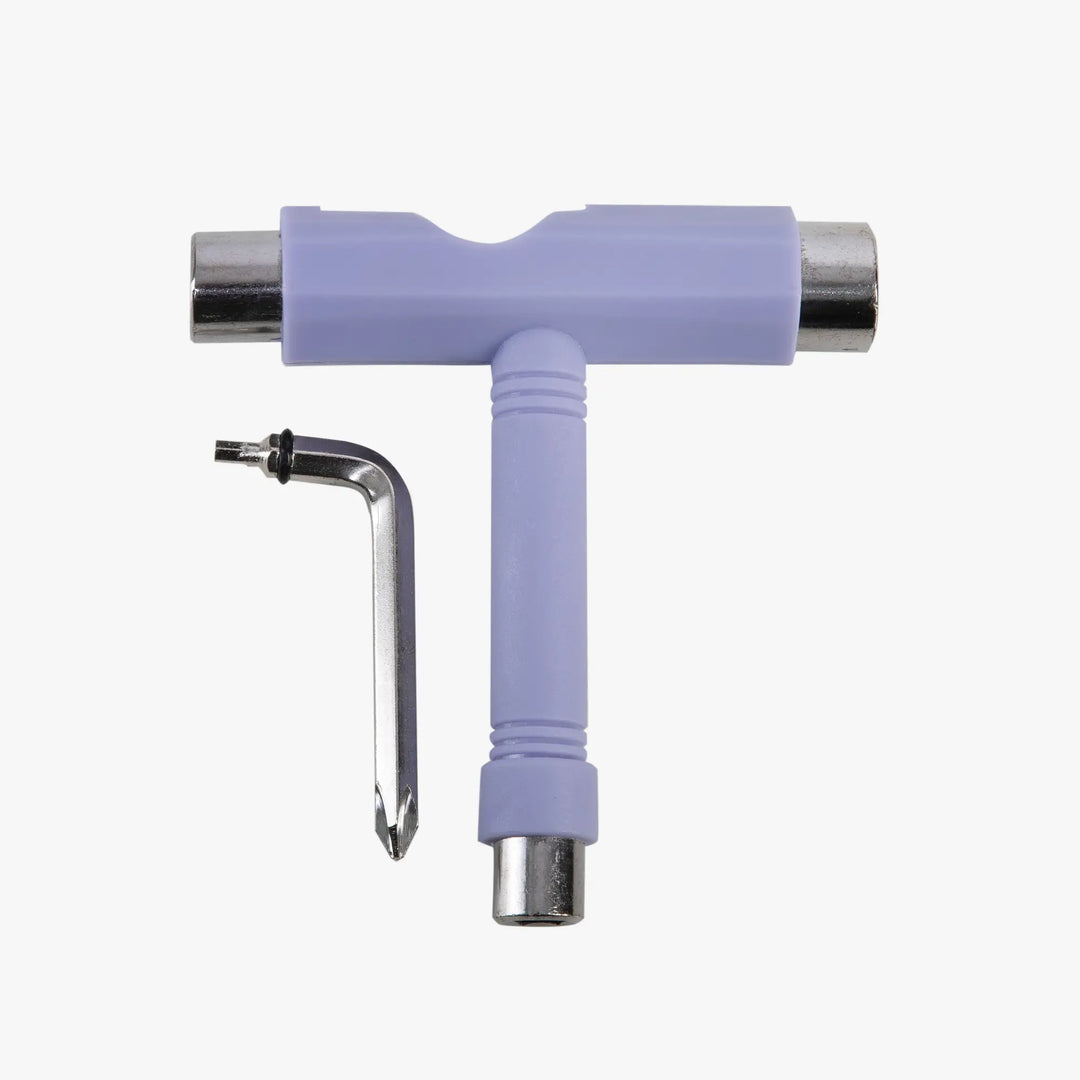 Purple T-shaped tool with a metallic tip on a white background