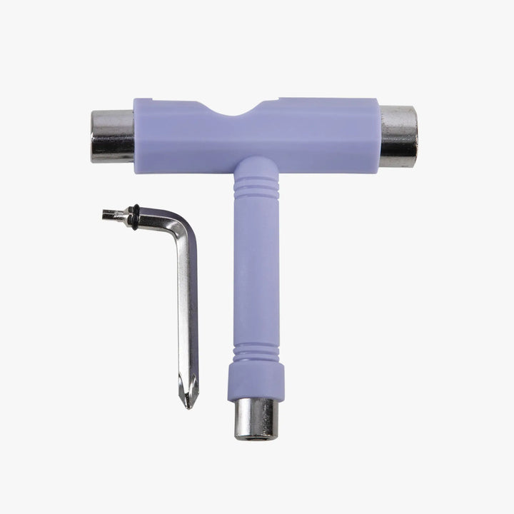 Purple T-shaped tool with a metallic tip on a white background