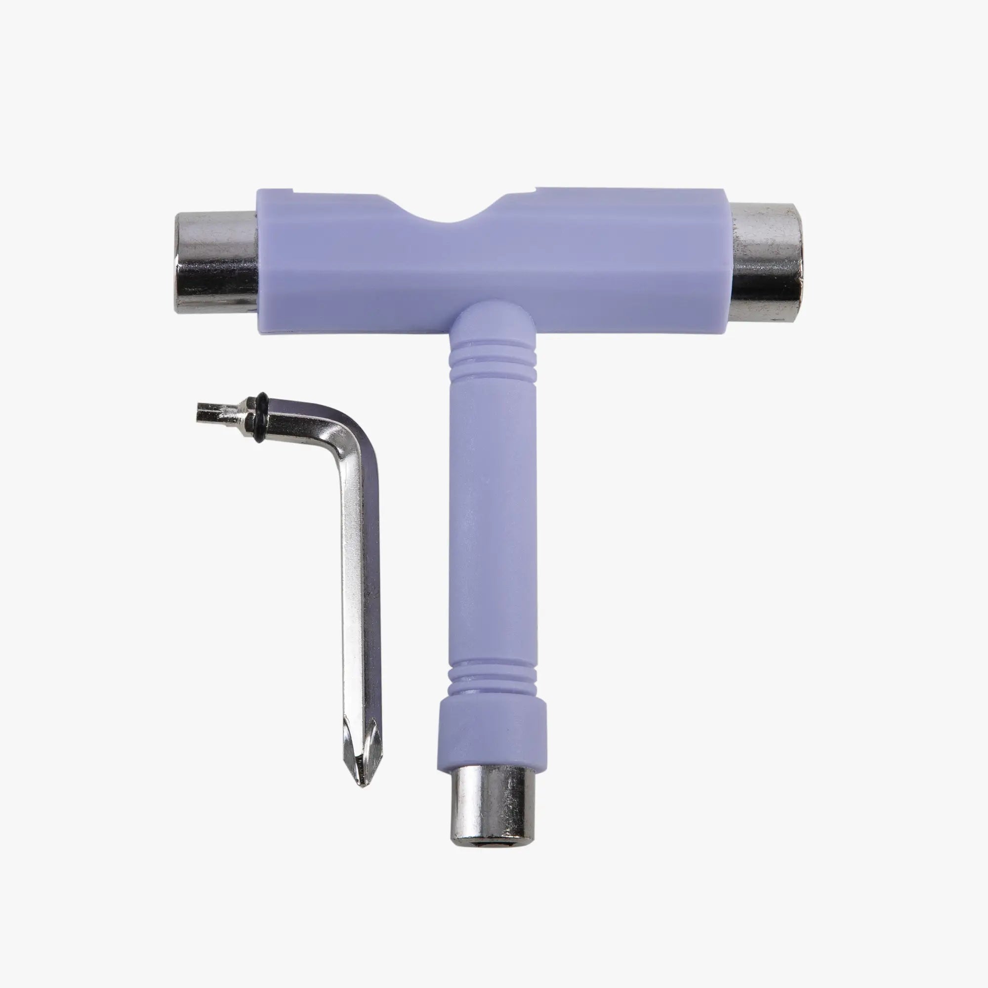 Purple T-shaped tool with a metallic tip on a white background