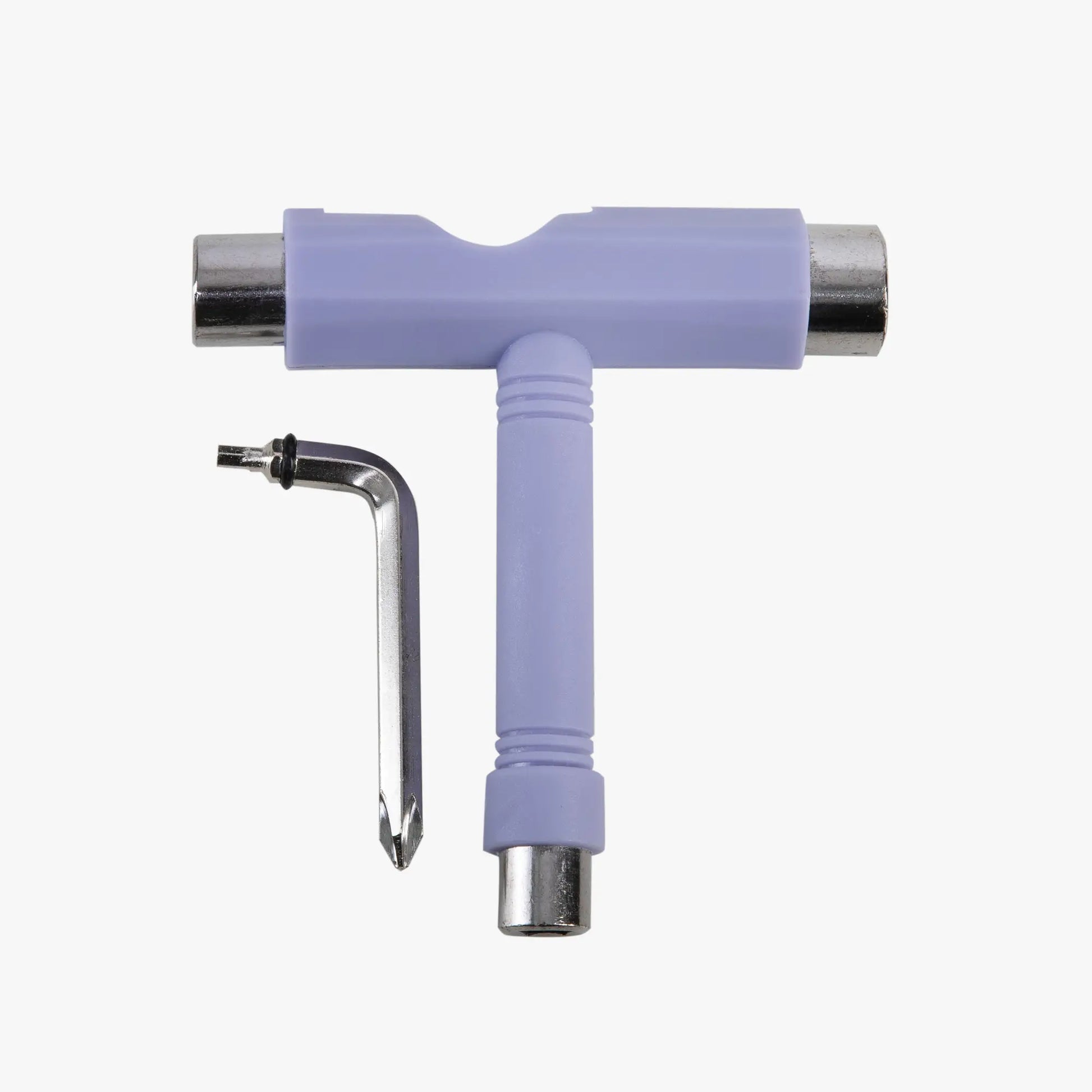 Purple T-shaped tool with a metallic tip on a white background