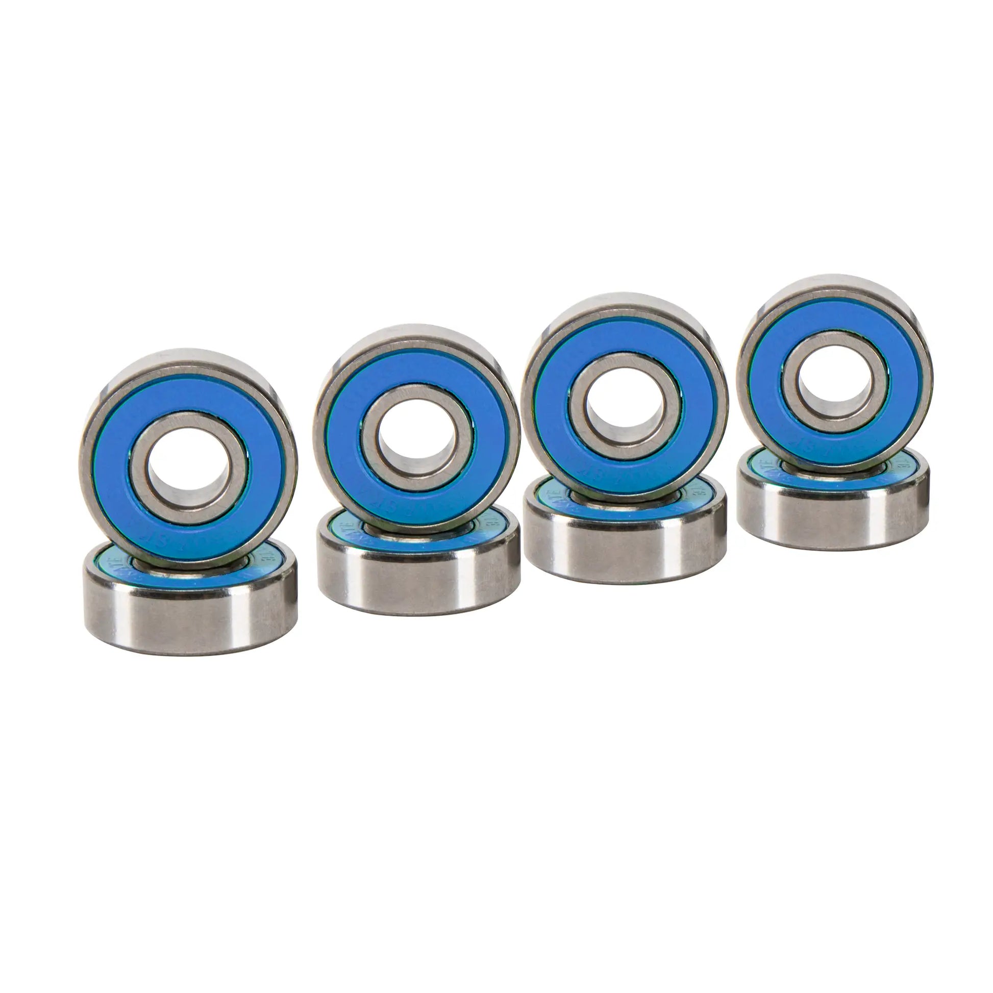 Set of five metal bearings with blue rubber seals on a white background