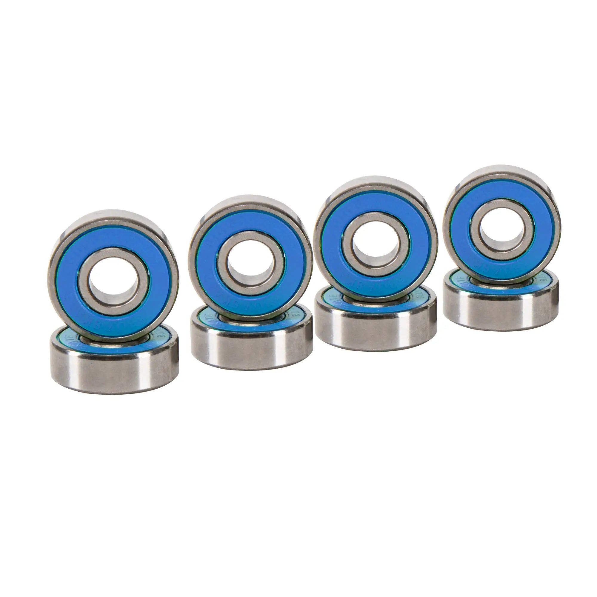 Set of five metal bearings with blue rubber seals on a white background
