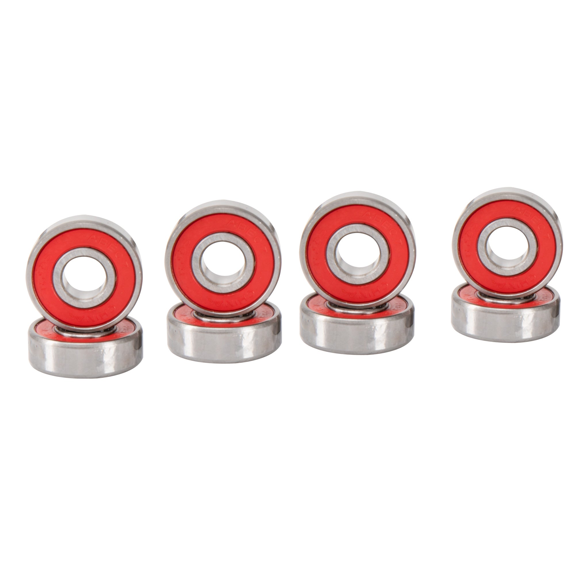 Five red and silver bearings arranged in a row on a white background