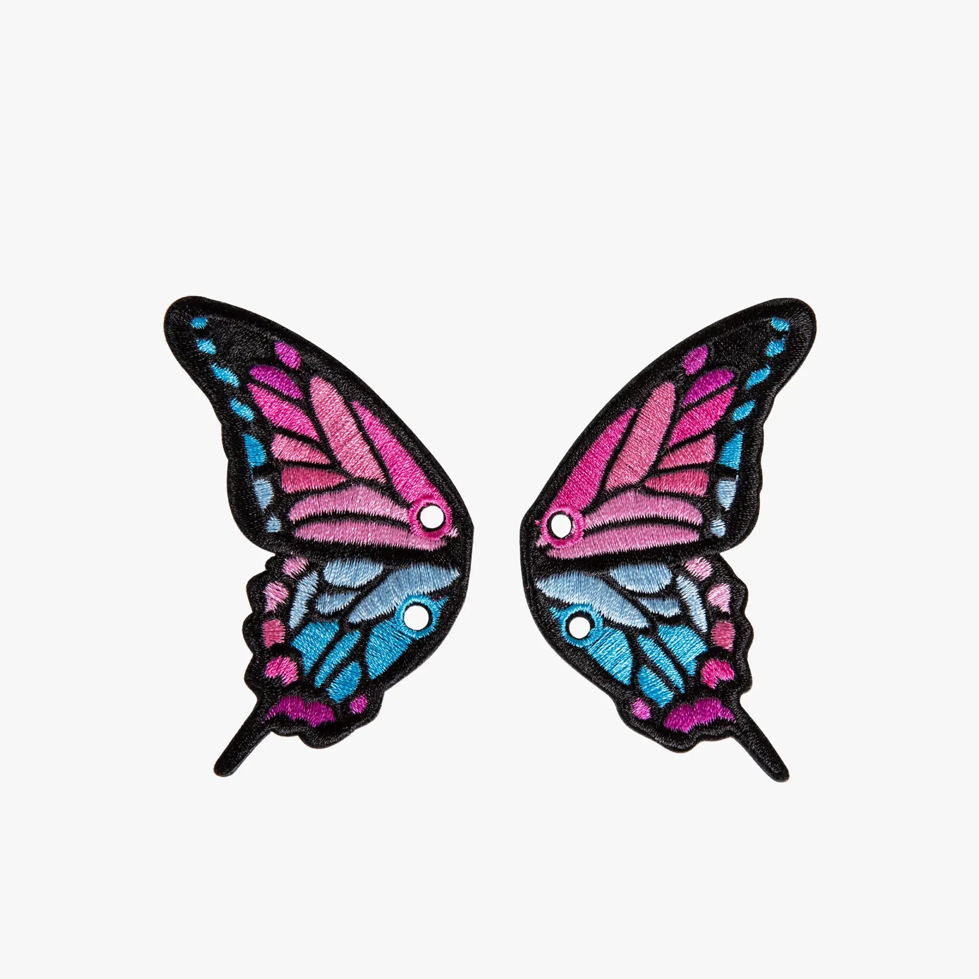Pair of butterfly wing-shaped charms with pink and blue design on a white background