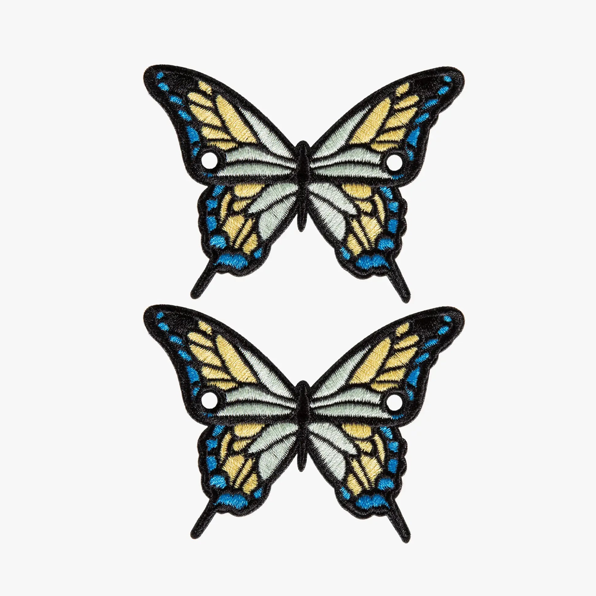 Two butterfly laces chamrs with blue and yellow wings on a white background