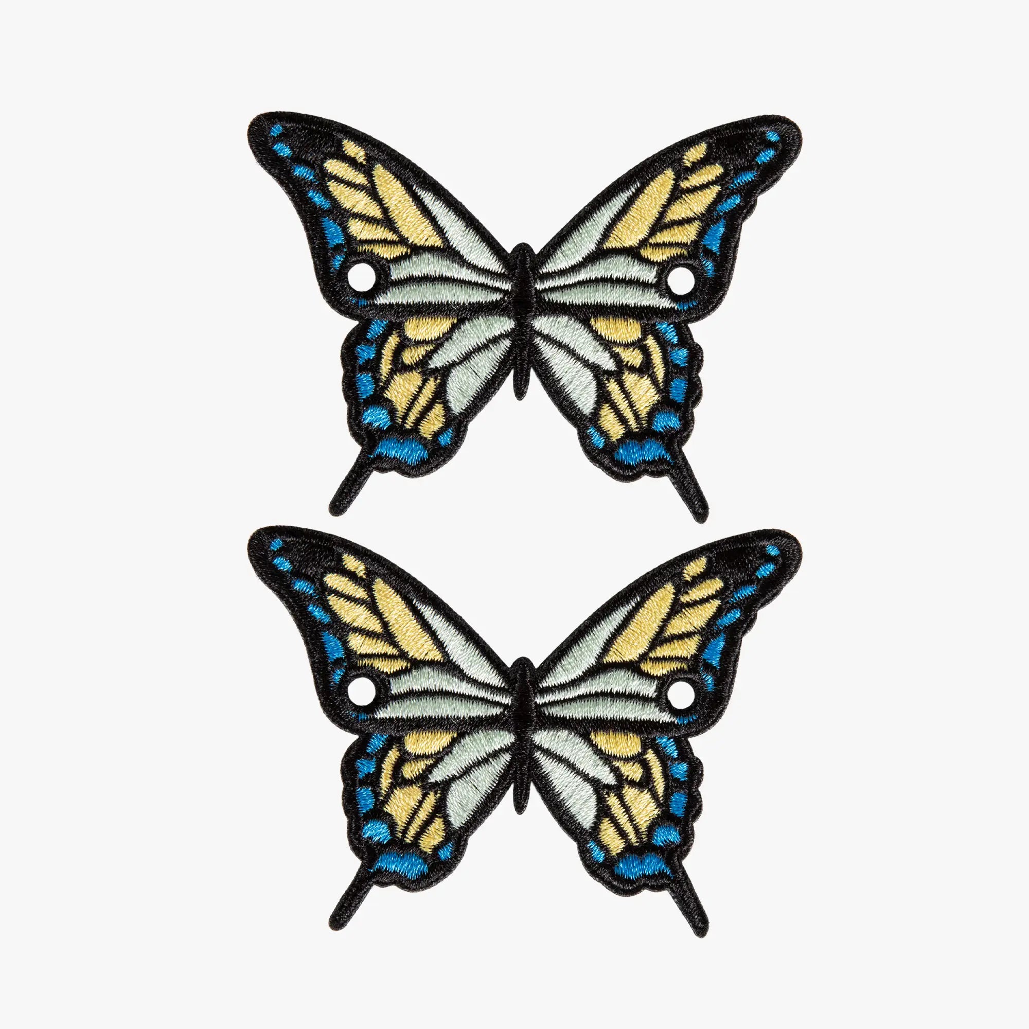 Two butterfly laces chamrs with blue and yellow wings on a white background