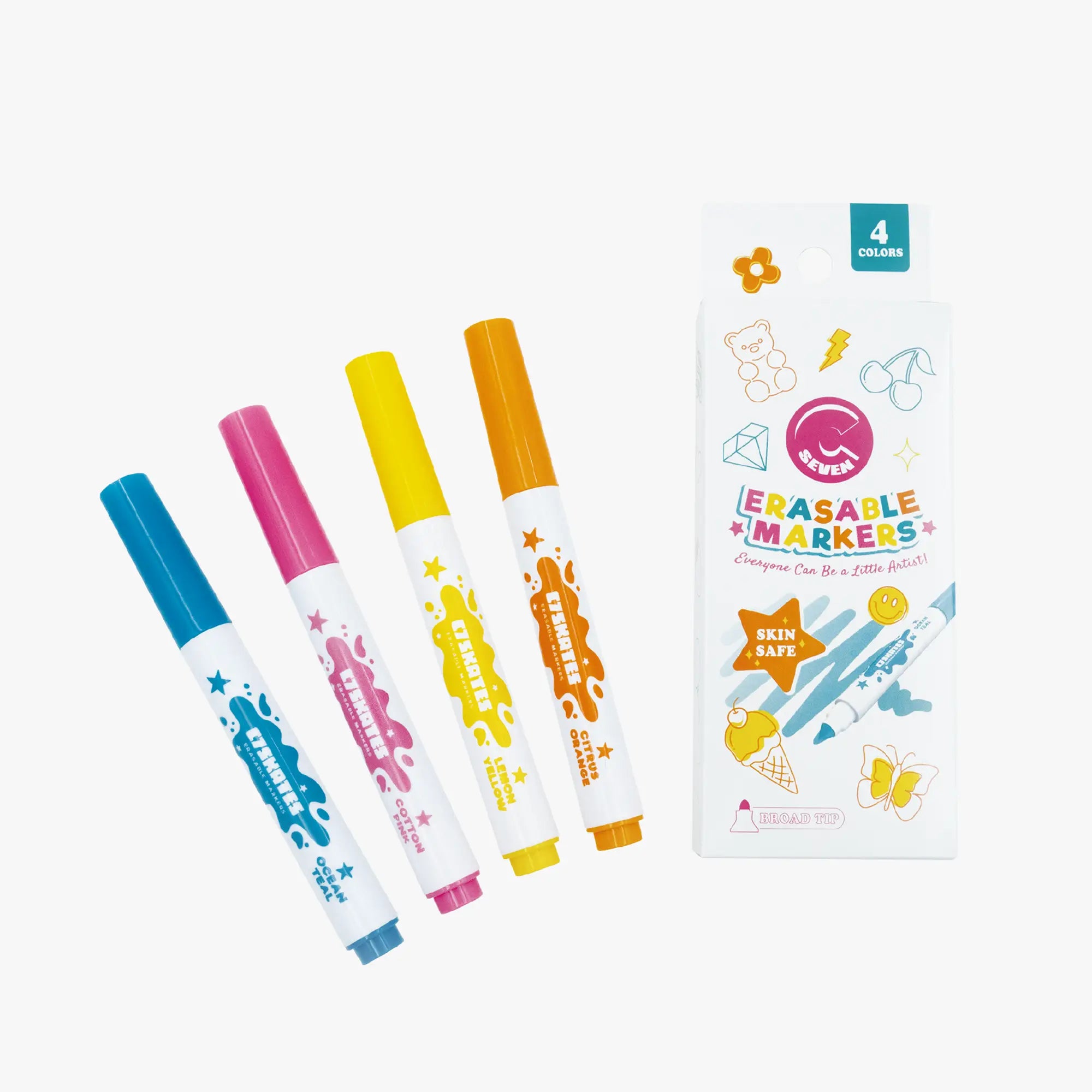 Four colorful erasable markers with a packaging box on a white background