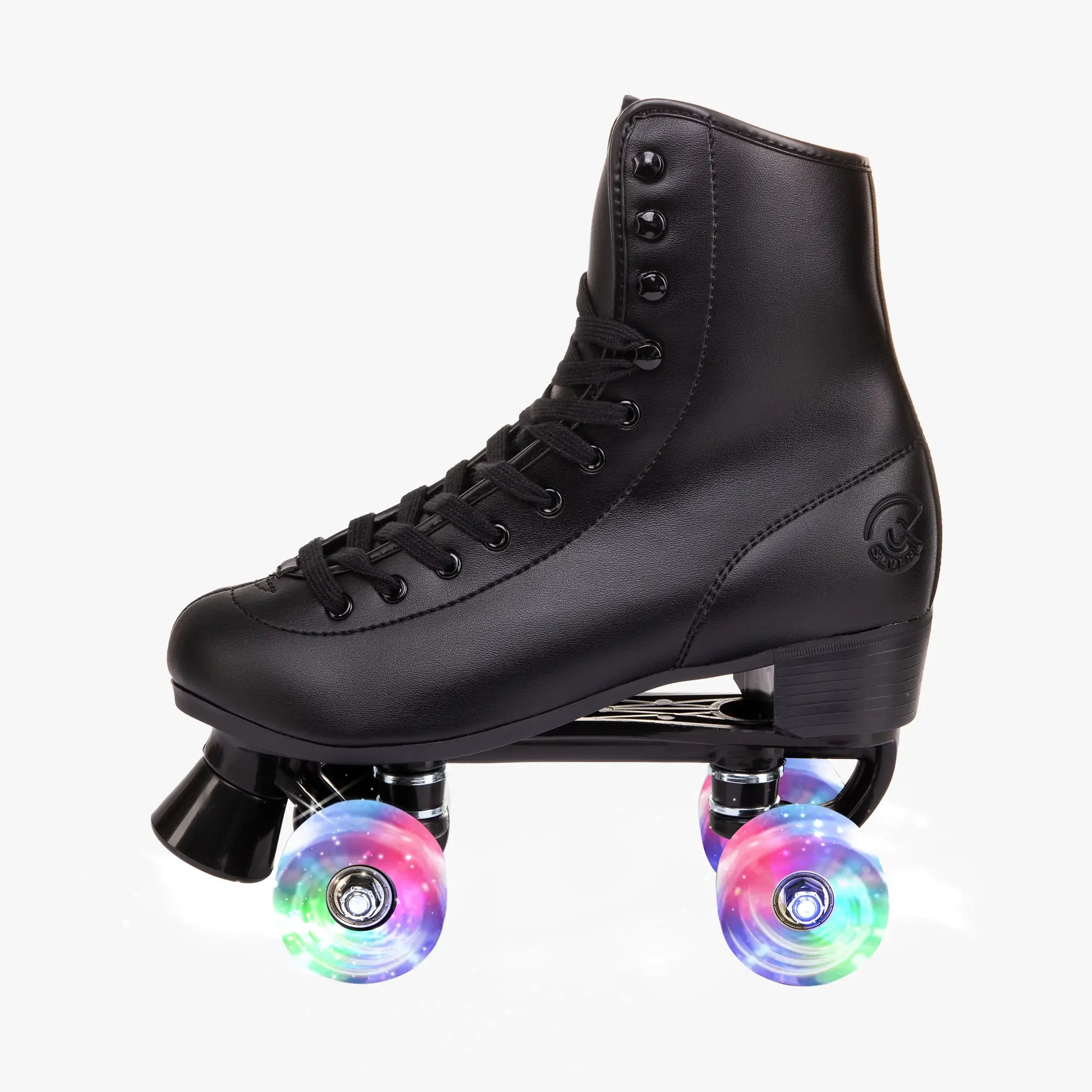Black roller skates with colorful wheels on a white background