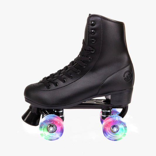 Black roller skates with colorful wheels on a white background