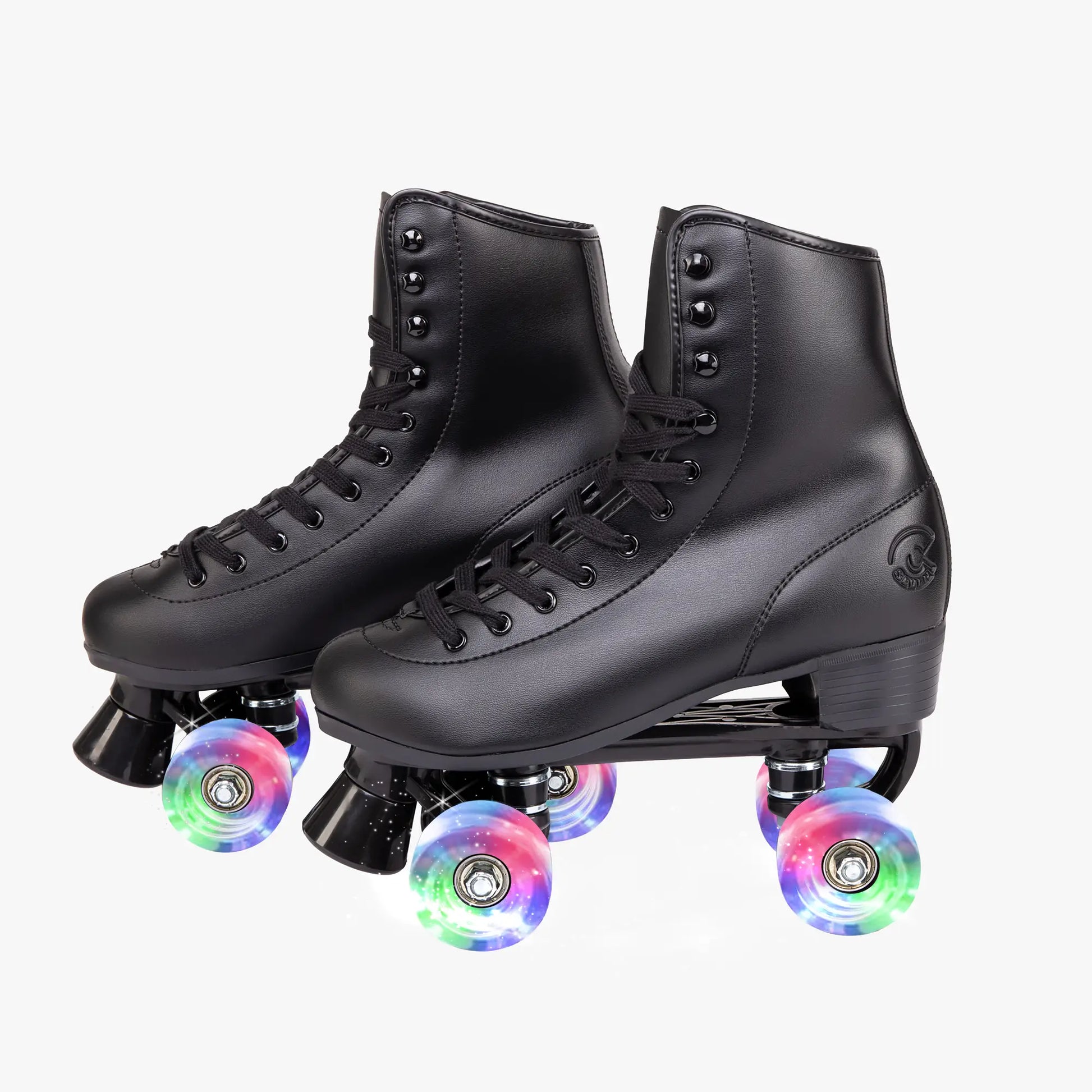 Black roller skates with colorful wheels on a white background