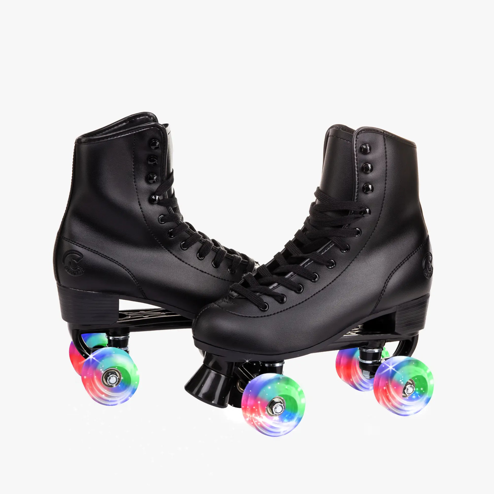 Black roller skates with colorful wheels on a white background