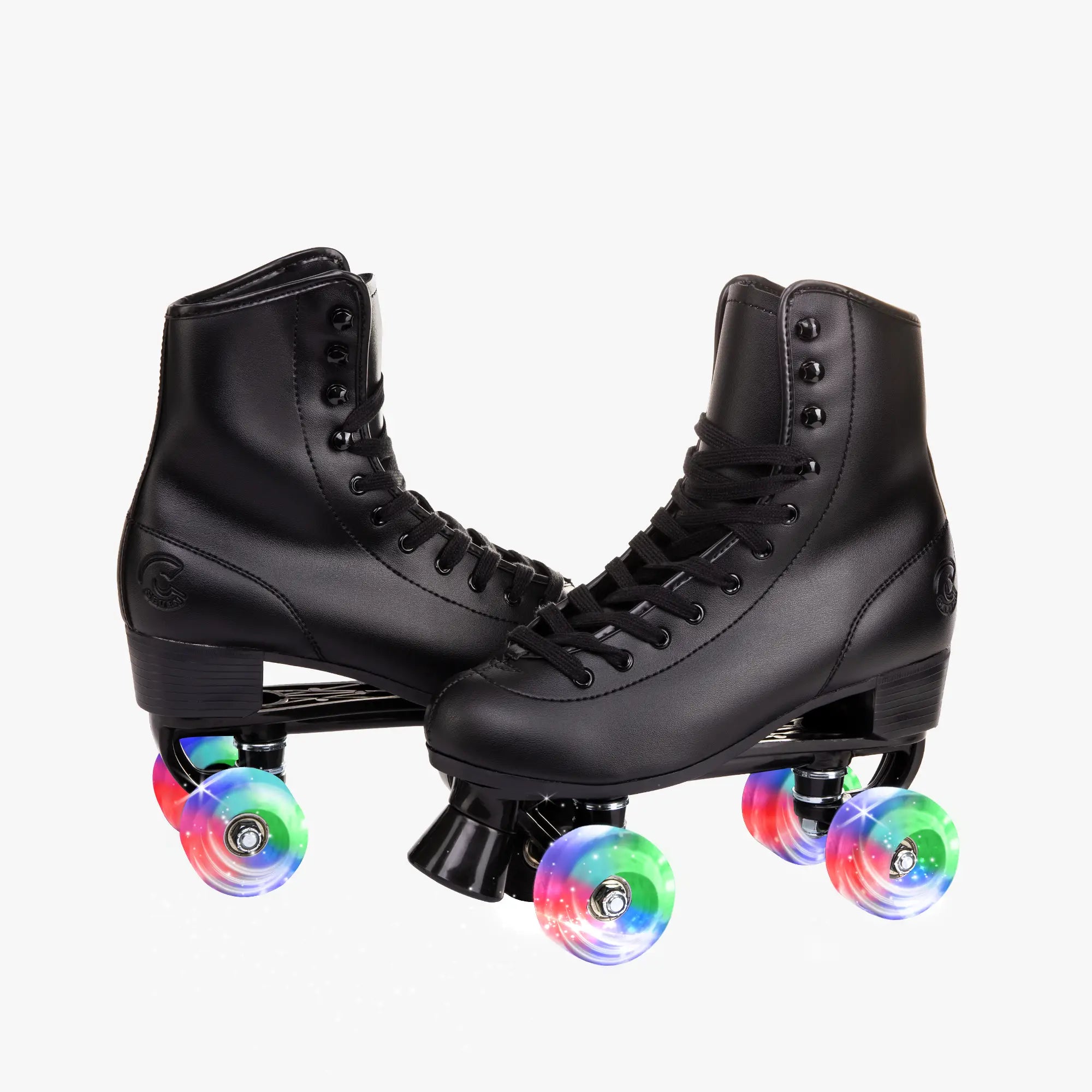 Black roller skates with colorful wheels on a white background