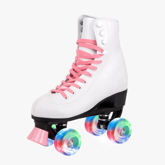 White roller skate with pink laces and colorful wheels on a white background