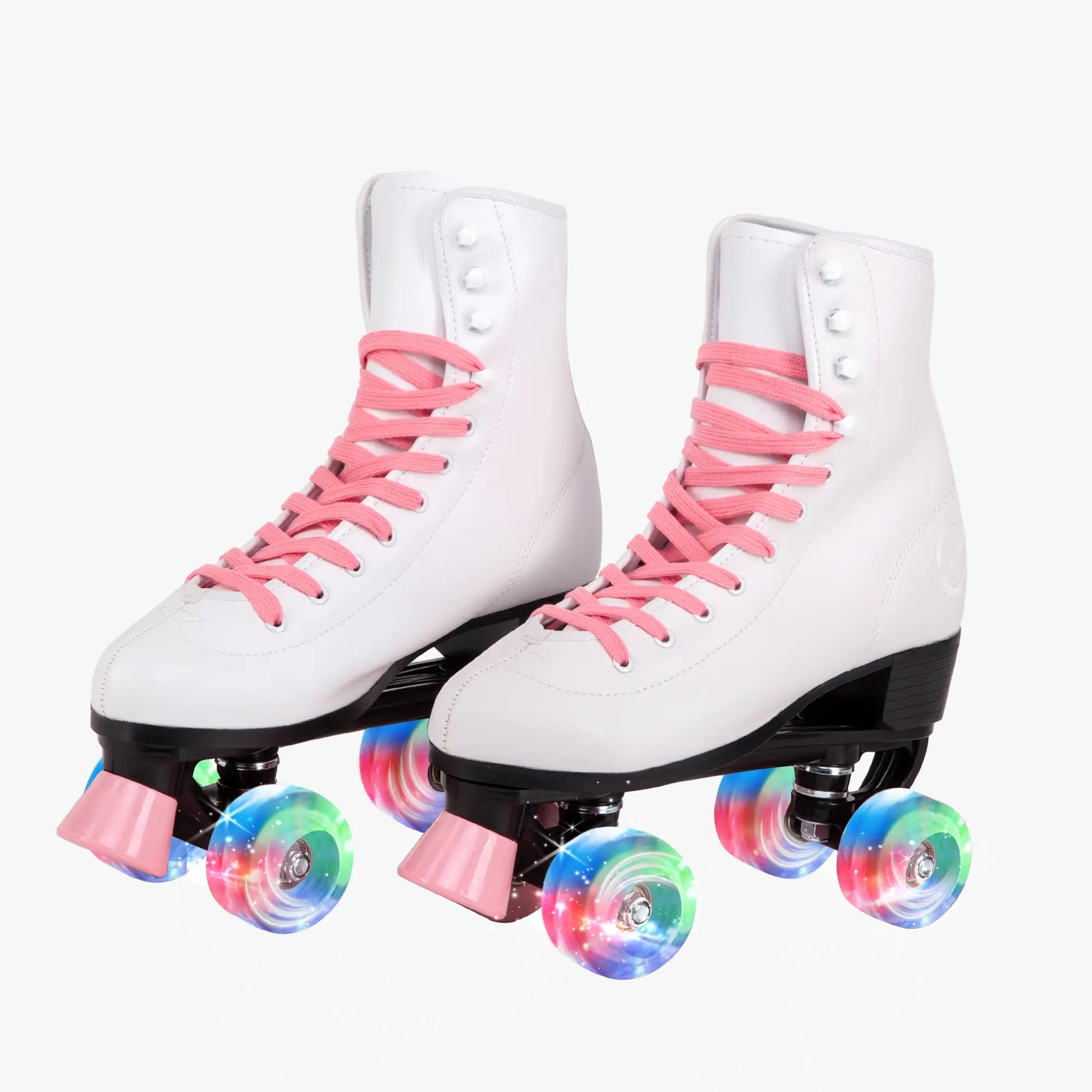 White roller skates with pink laces and colorful wheels on a white background