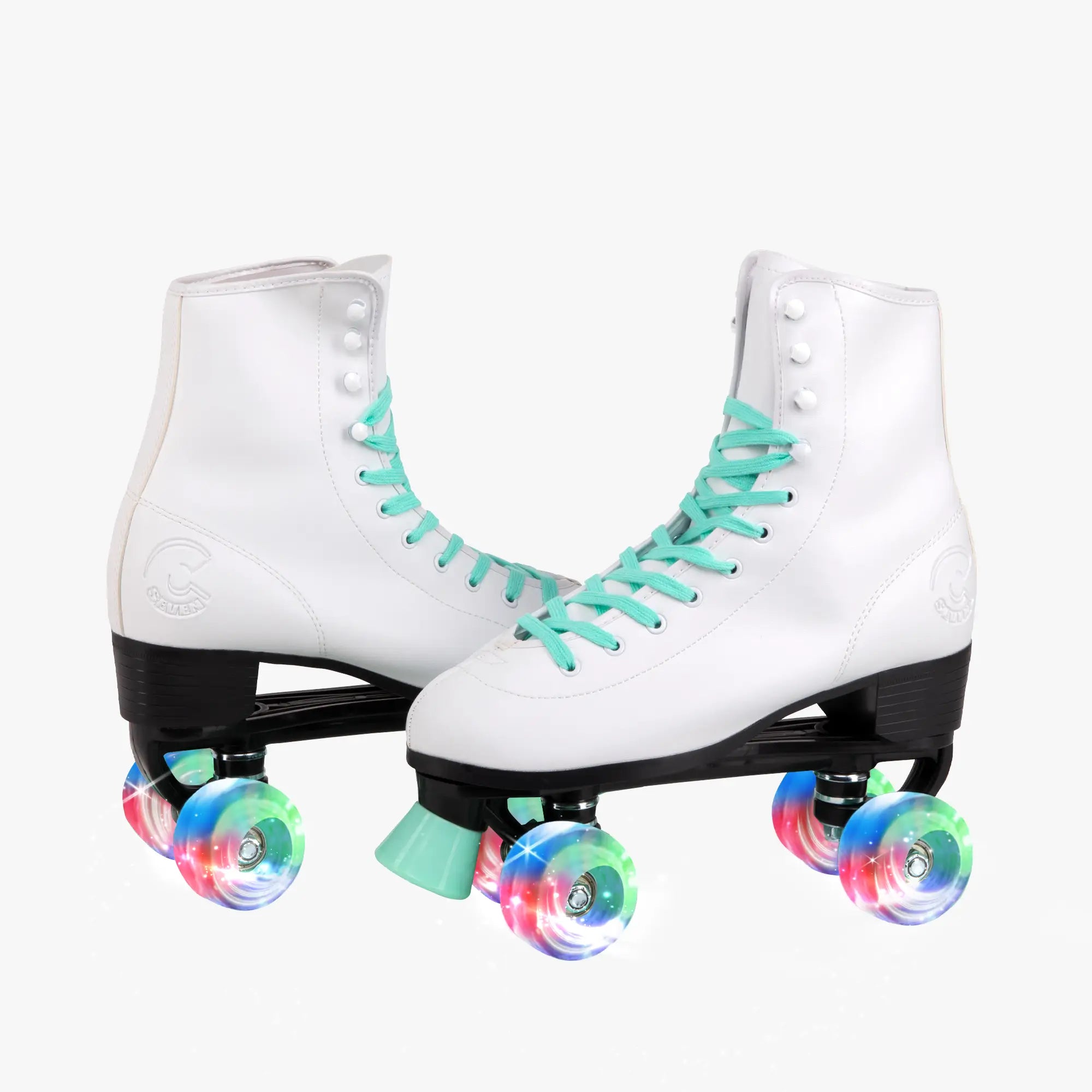 White roller skates with teal laces and colorful wheels on a white background