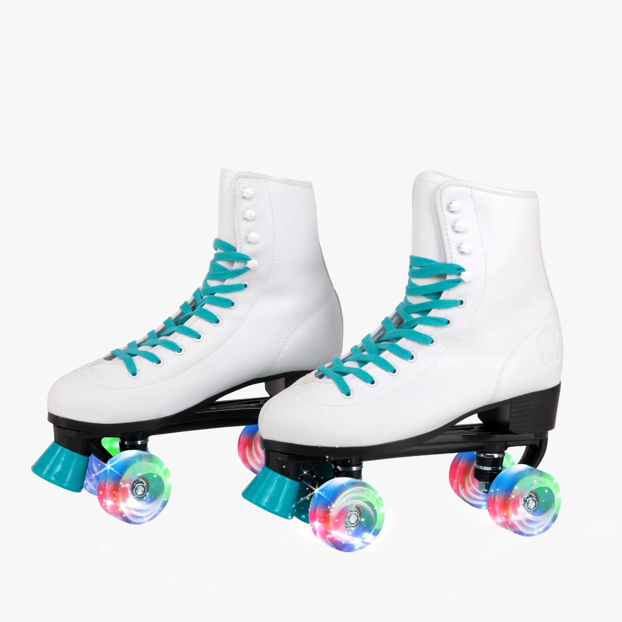 White roller skates with teal laces and colorful wheels on a white background