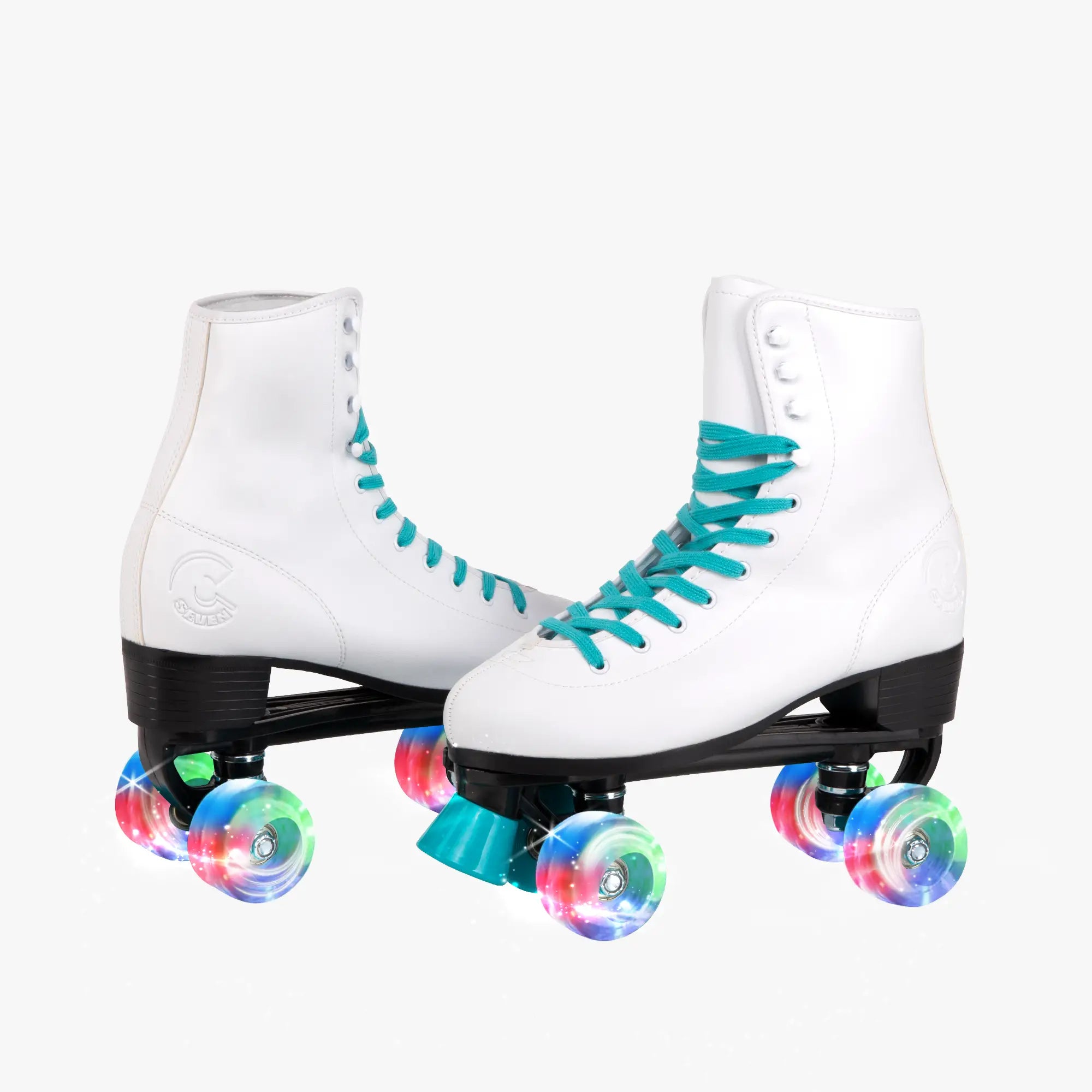 White roller skates with teal laces and colorful wheels on a white background