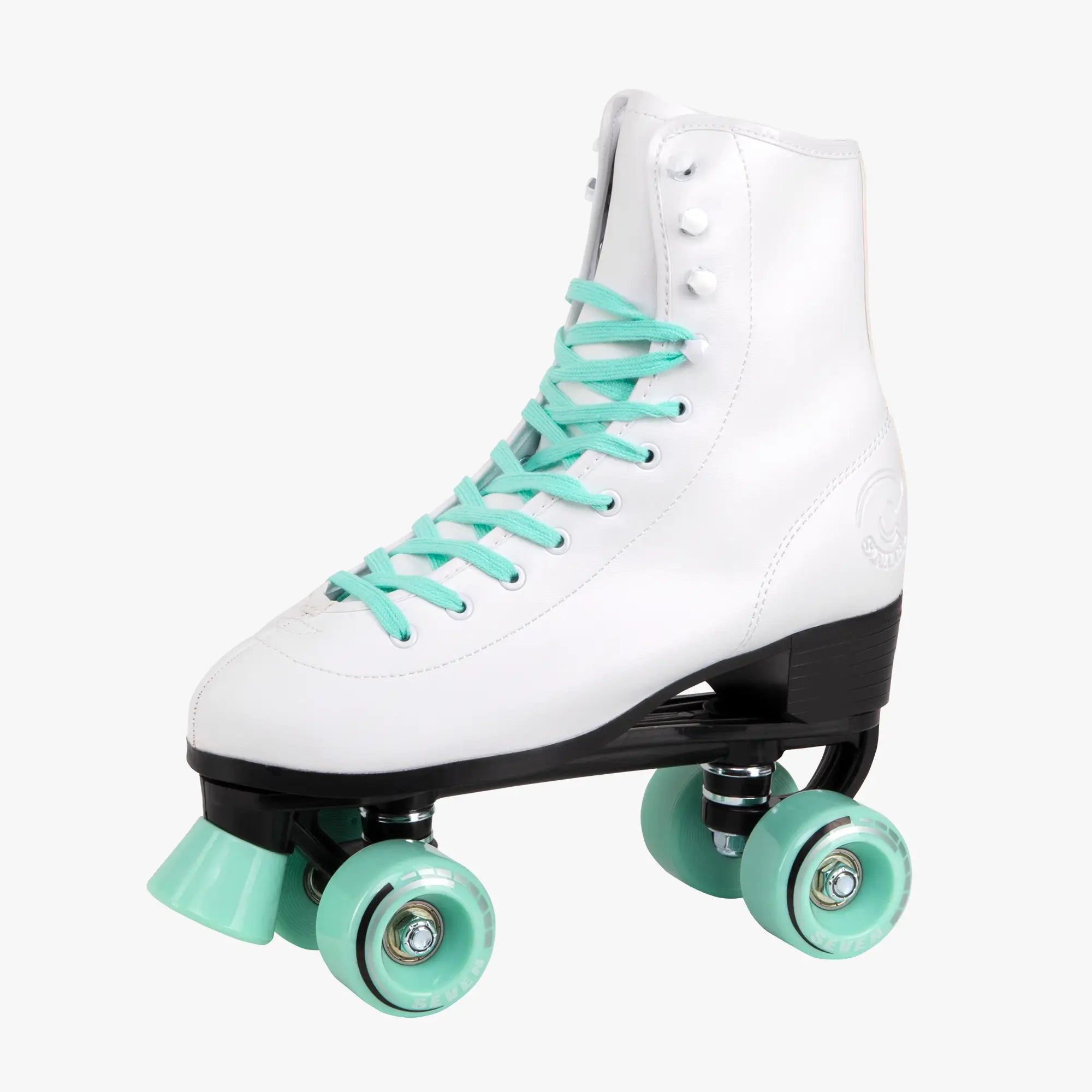 White roller skate with turquoise laces and wheels on a white background