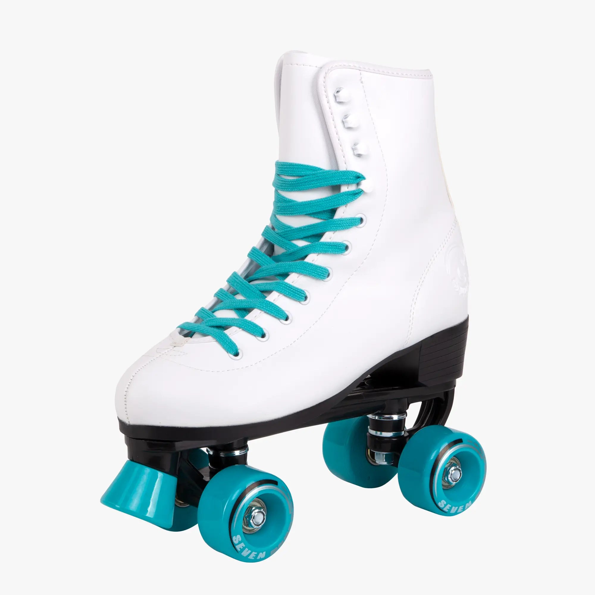 White roller skates with turquoise laces and wheels on a white background