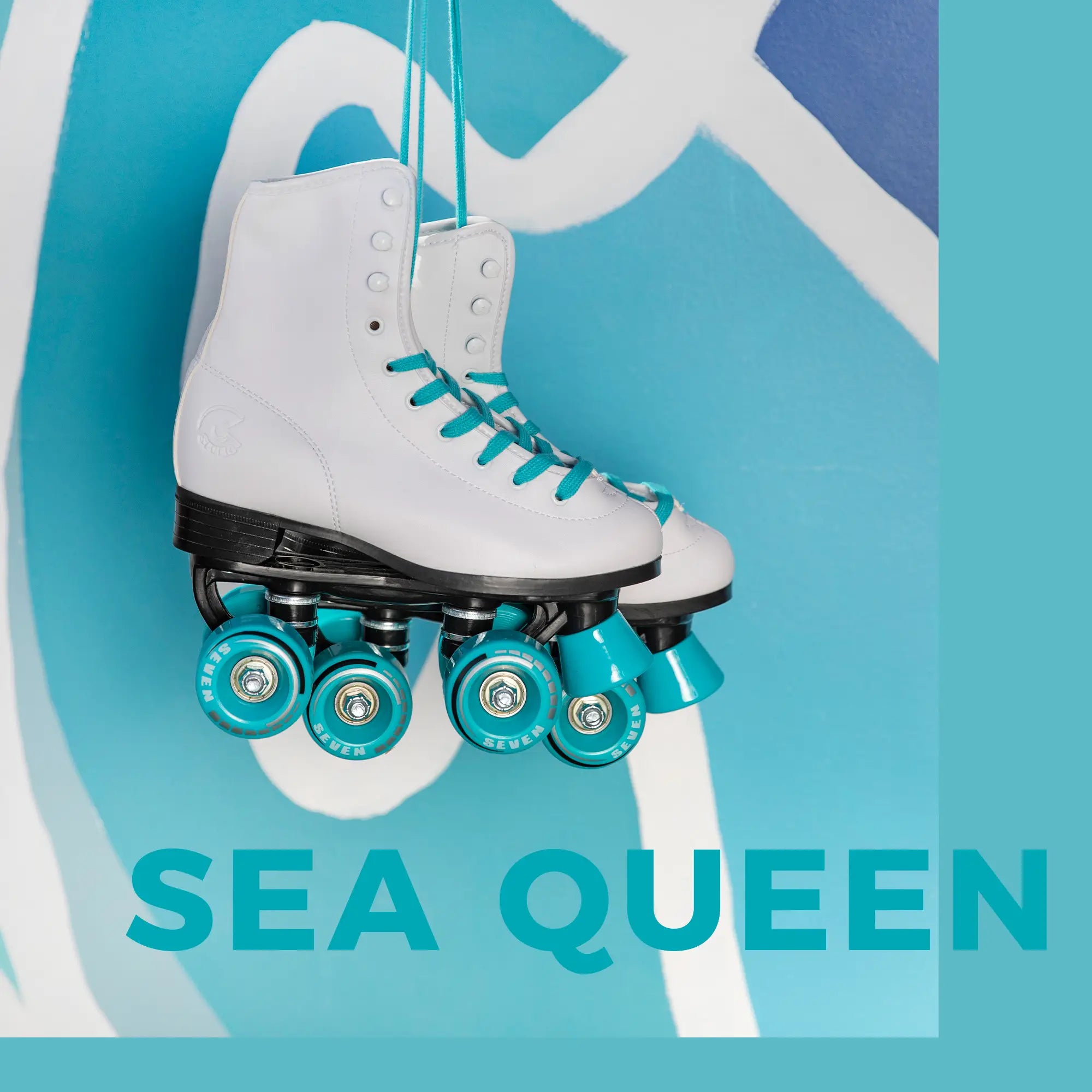 White roller skates with turquoise wheels on a blue background, labeled 'Sea Queen'.