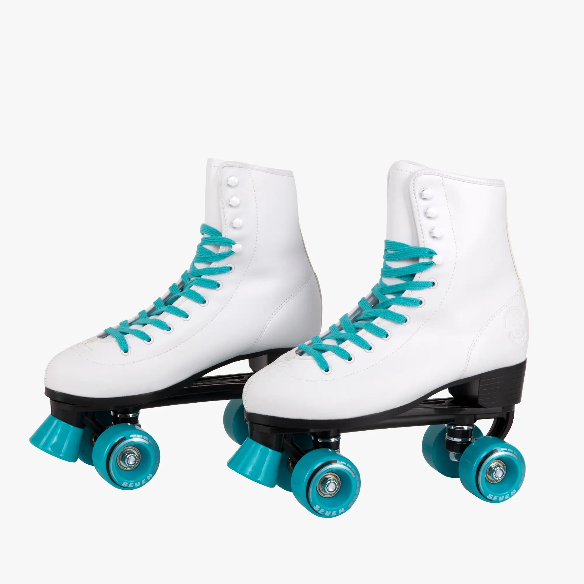 White roller skates with turquoise laces and wheels on a white background