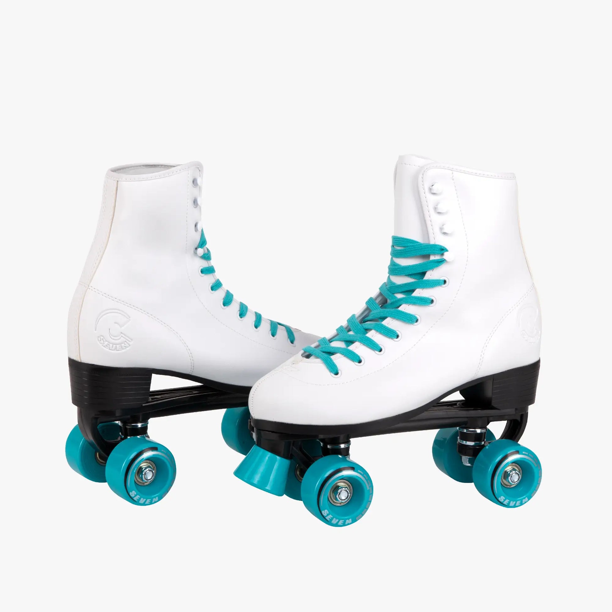 White roller skates with turquoise laces and wheels on a white background