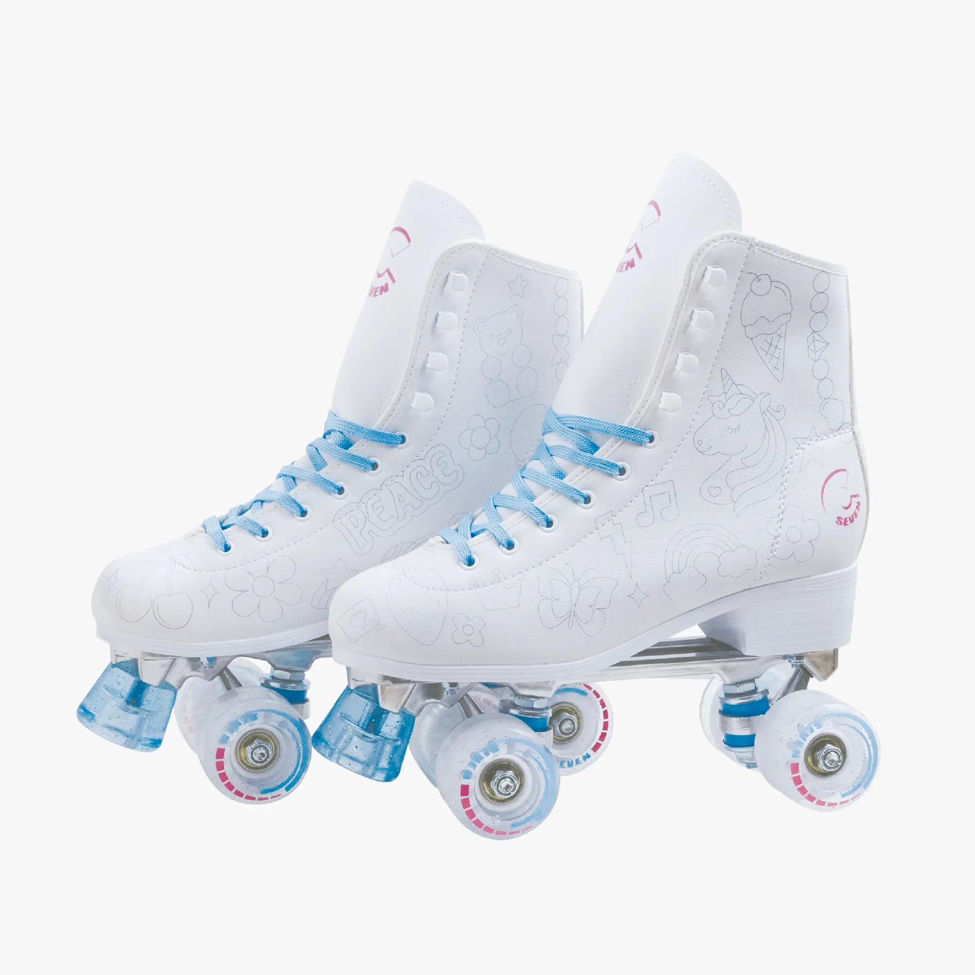 White roller skates with blue laces on a white background
