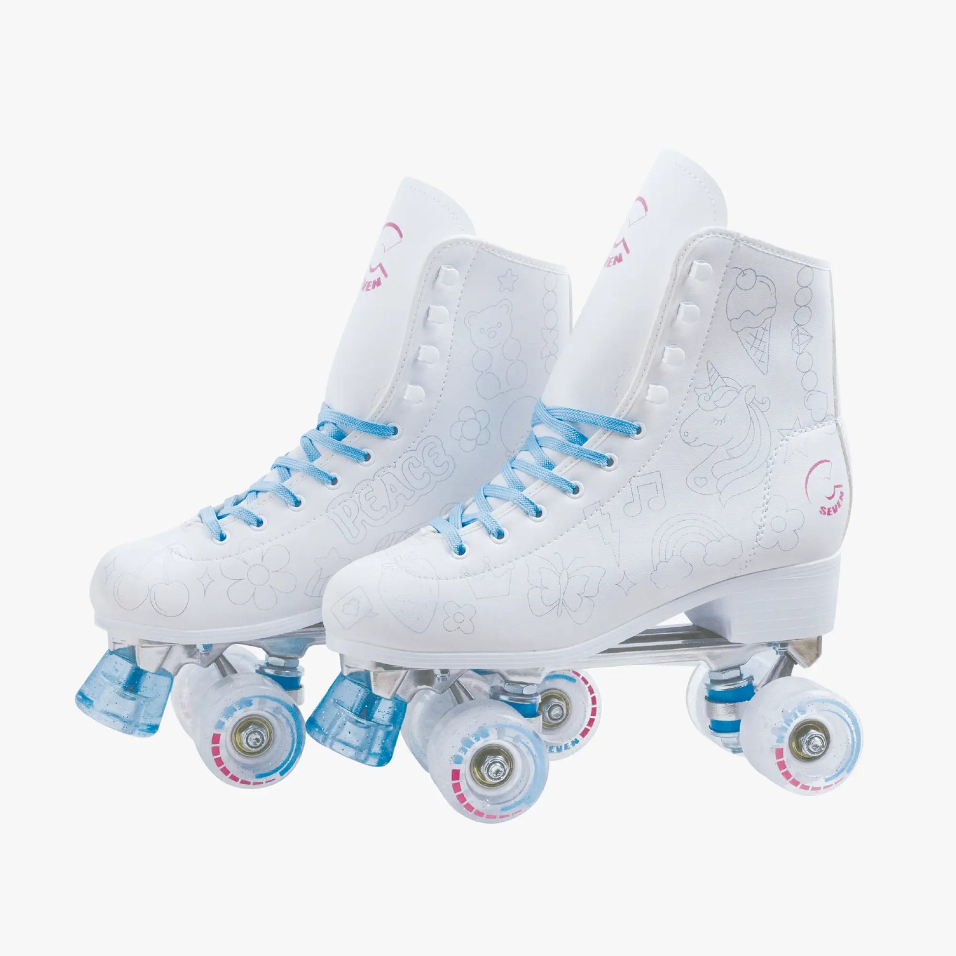 White roller skates with blue laces on a white background