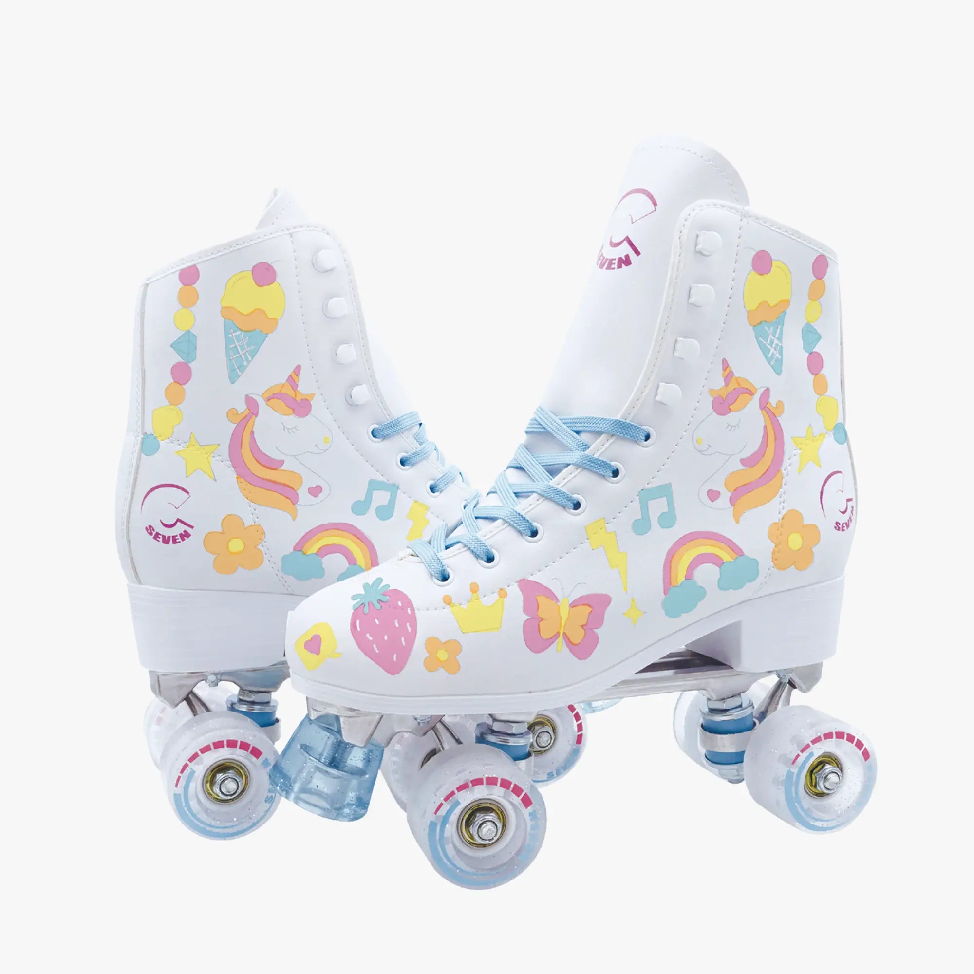 White roller skates with colorful designs on a white background