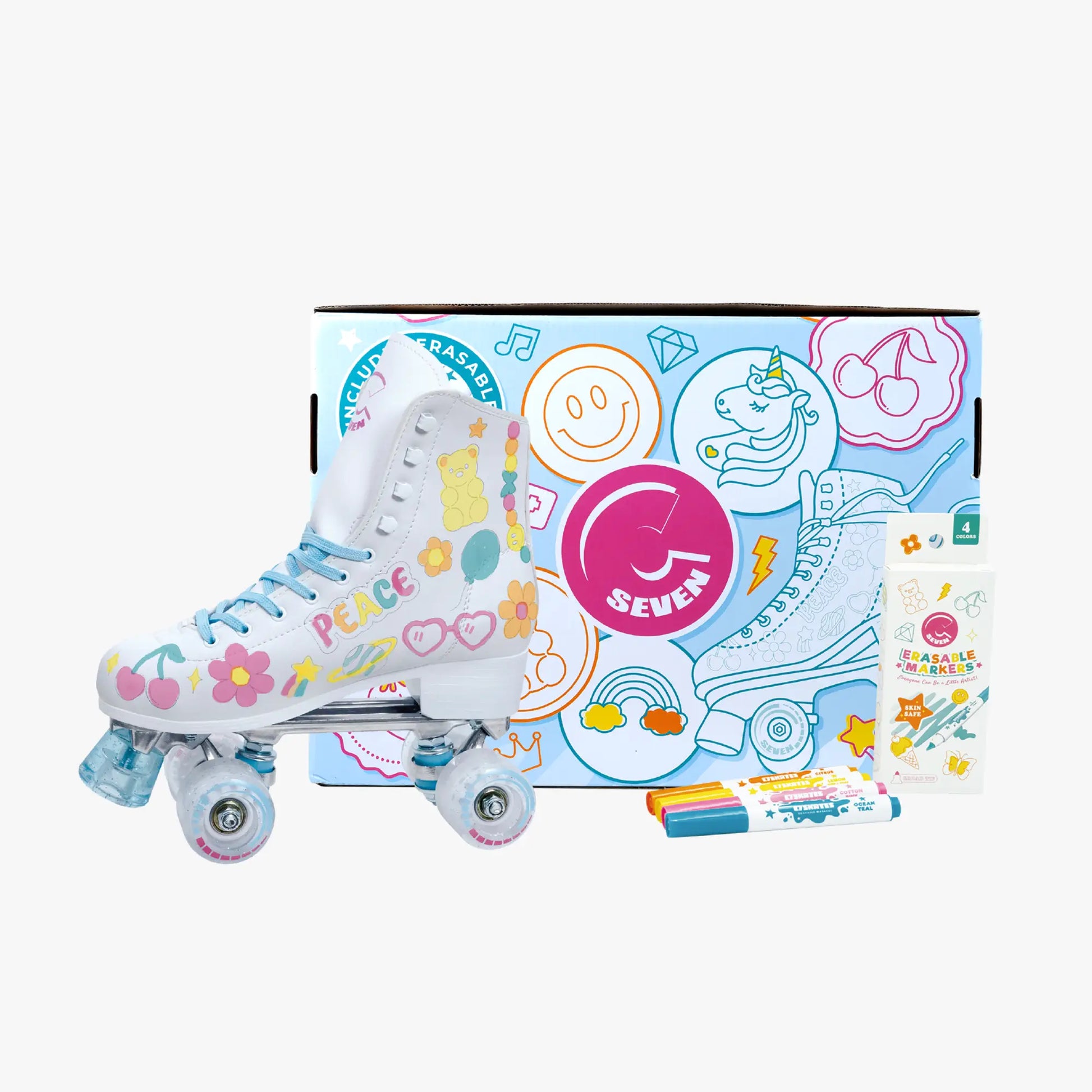Roller skates with a colorful box featuring the brand 'Seven' on a white background