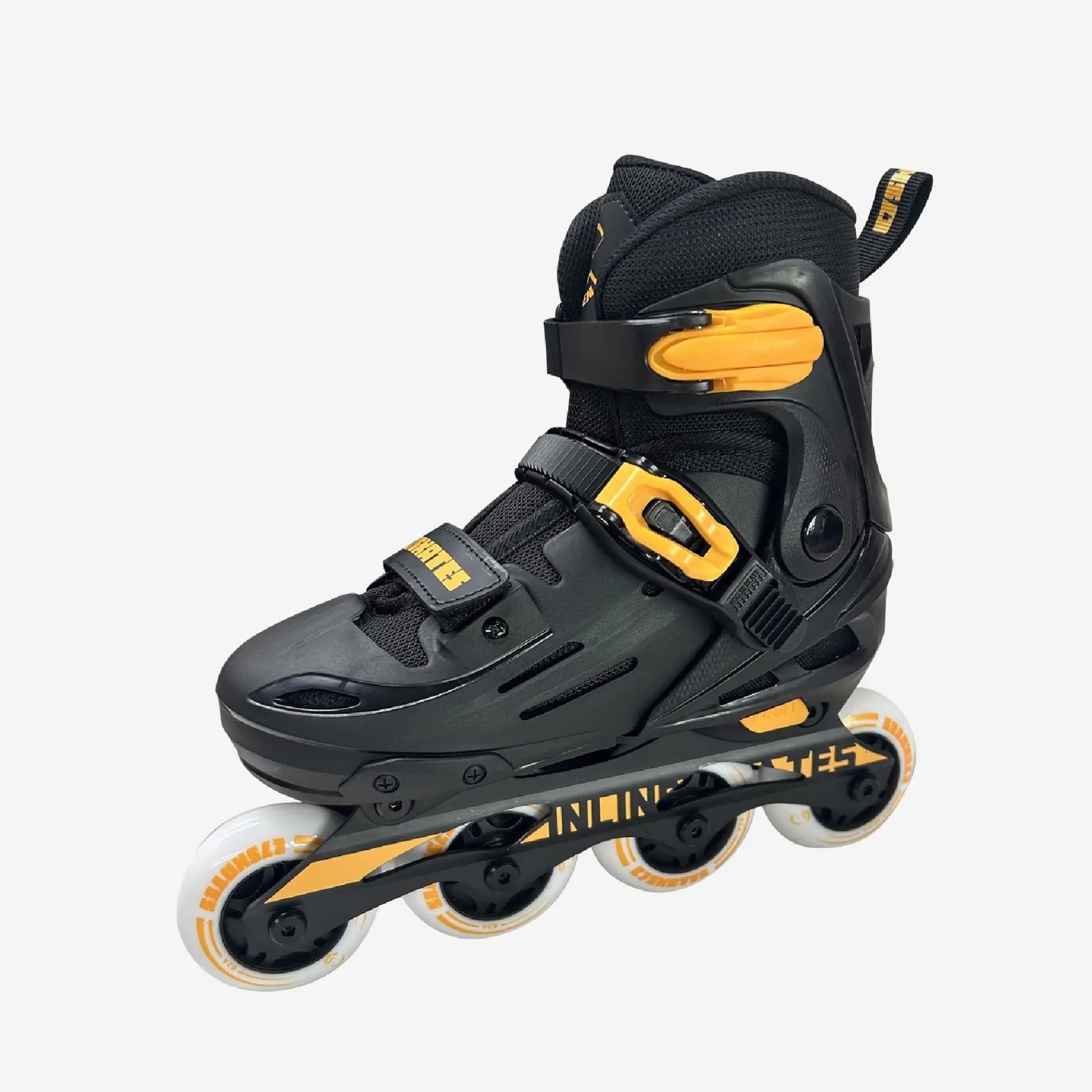 Black and yellow inline skate on a white background