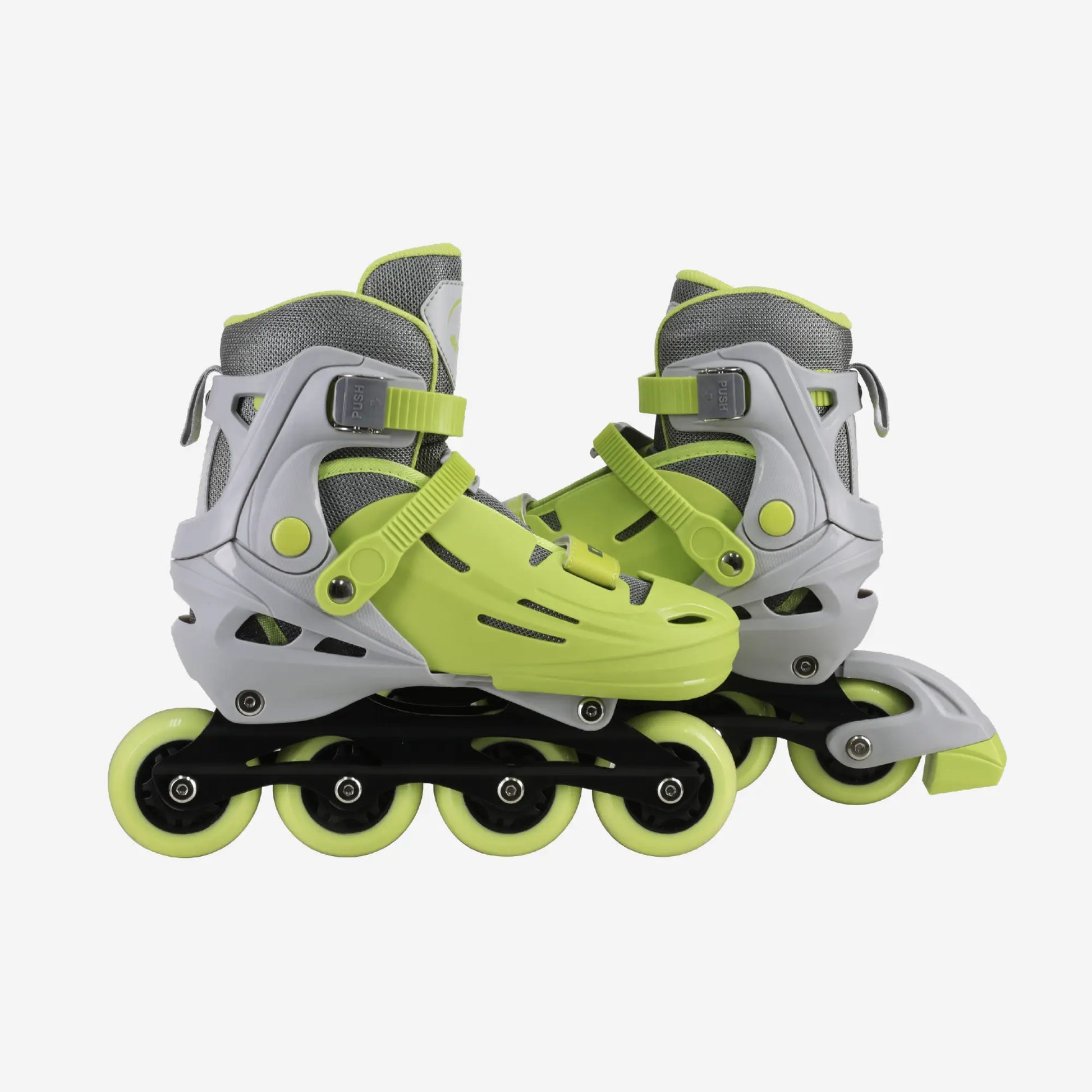 Pair of gray and green inline skates on a white background