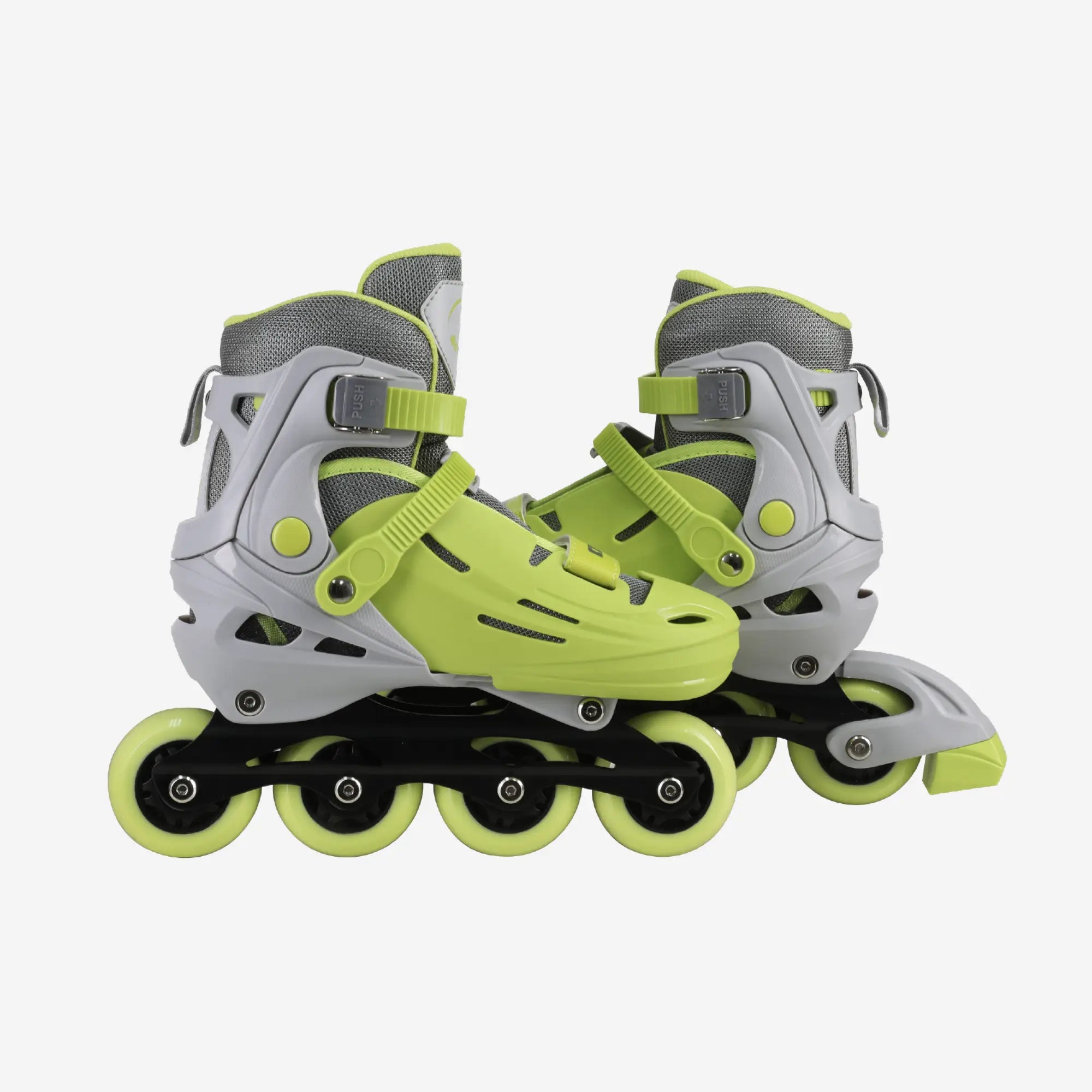 Pair of gray and green inline skates on a white background
