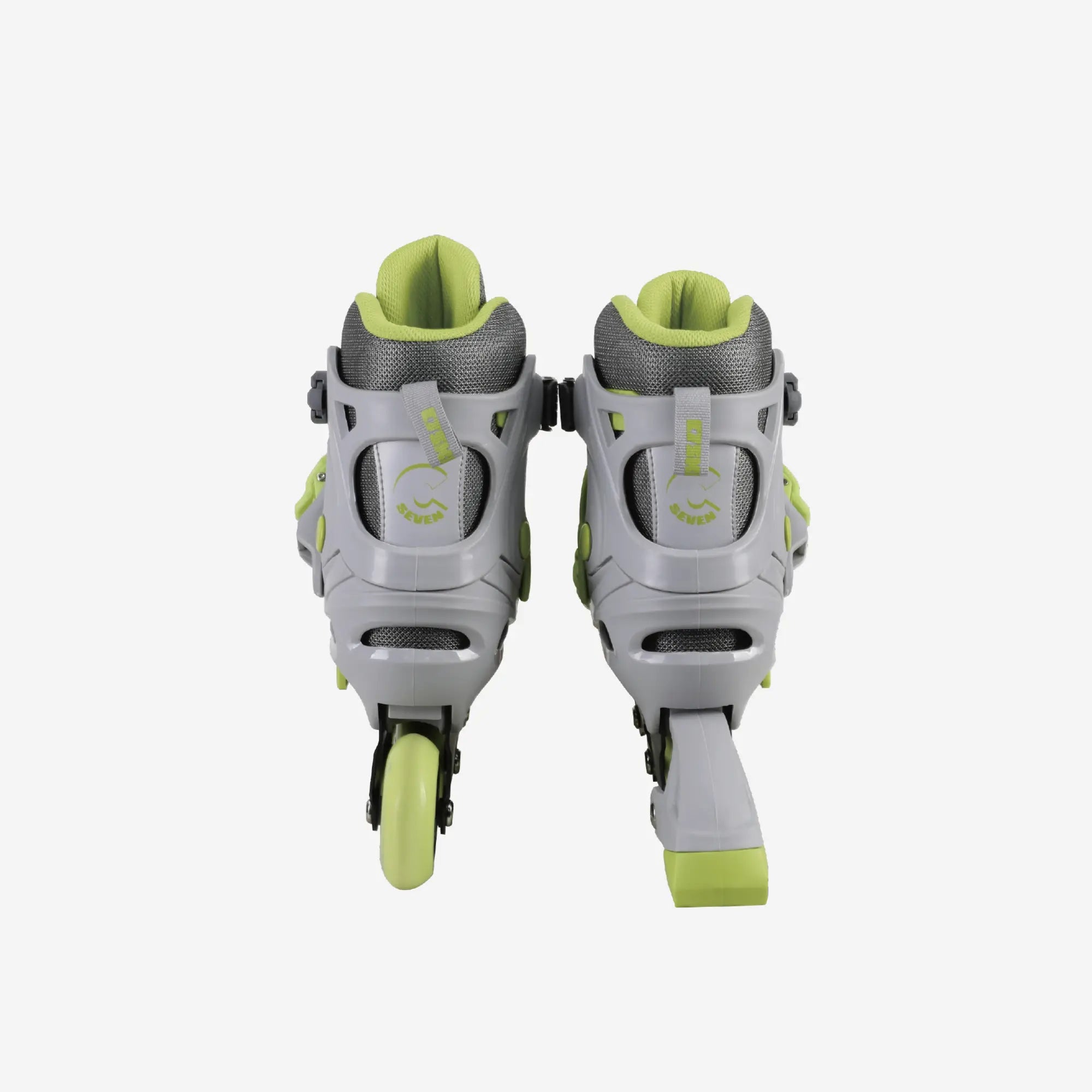 Pair of gray and green inline skates on a white background