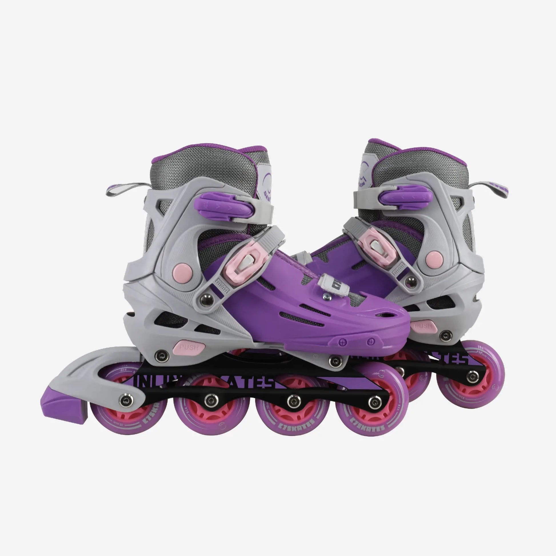 Pair of purple and gray inline skates on a white background