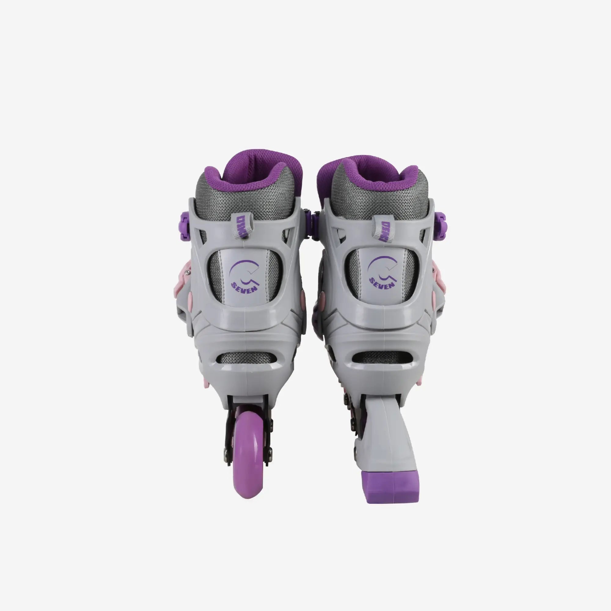 Pair of gray and purple roller skates on a white background