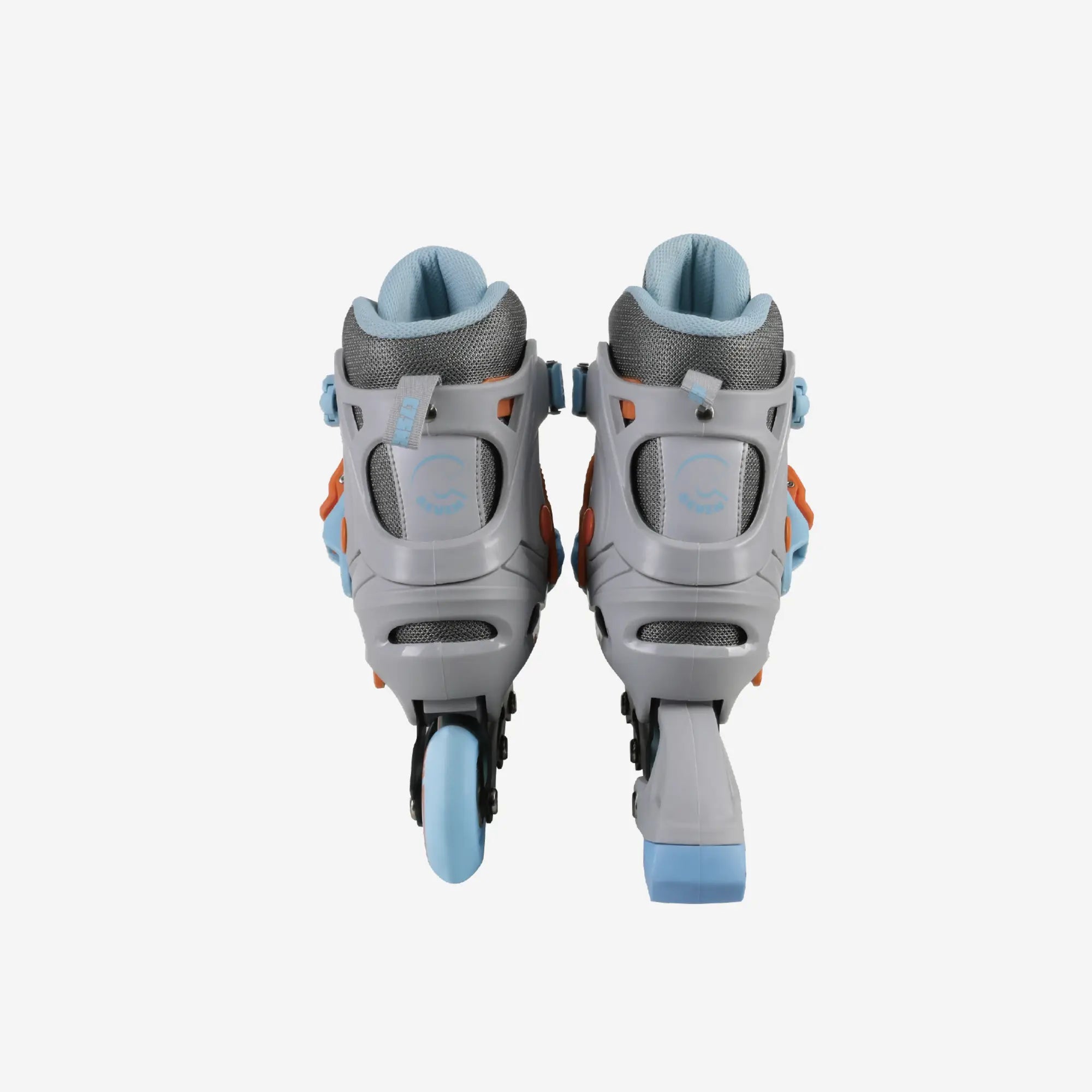 Pair of gray and blue roller skates on a white background