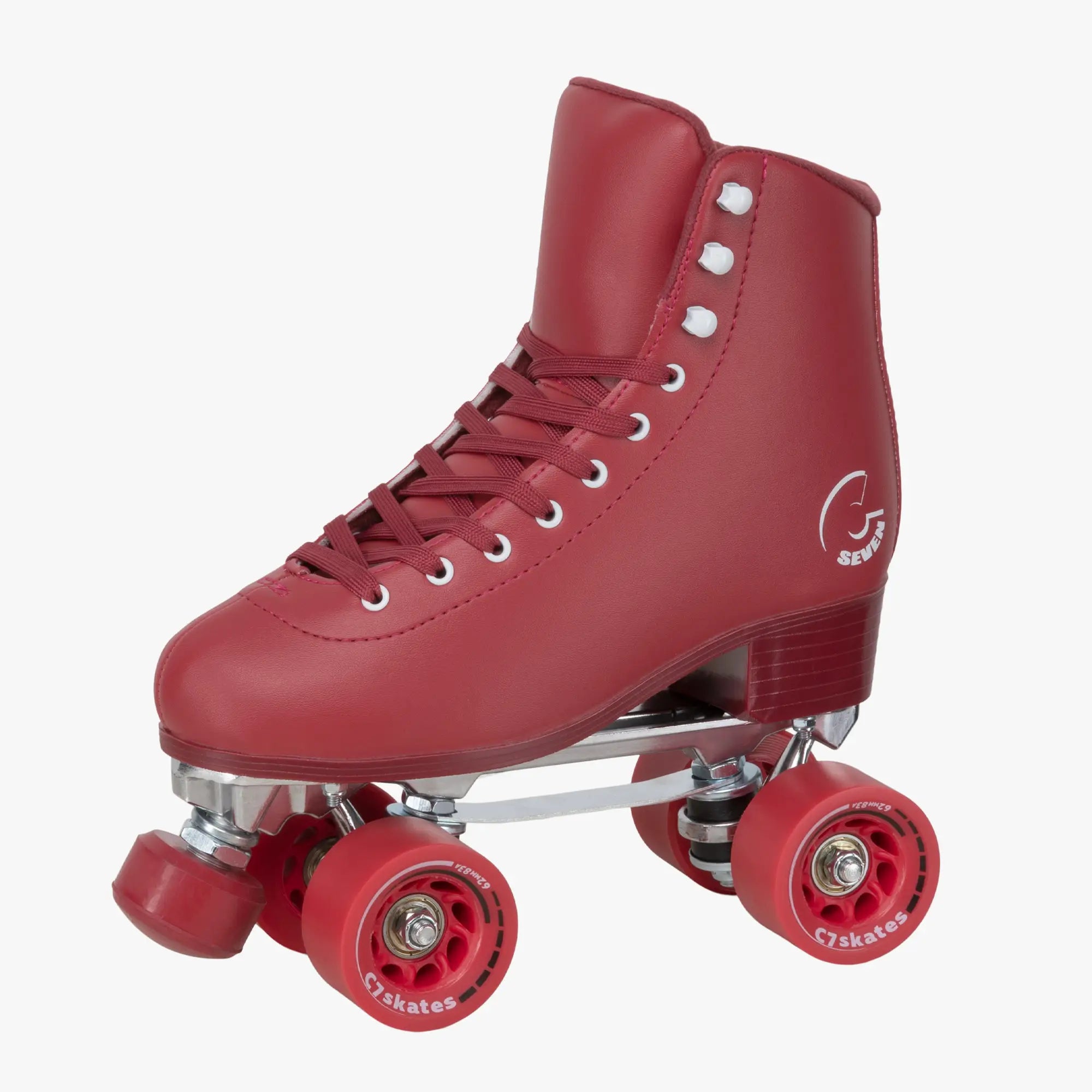 Red roller skate with white laces on a white background