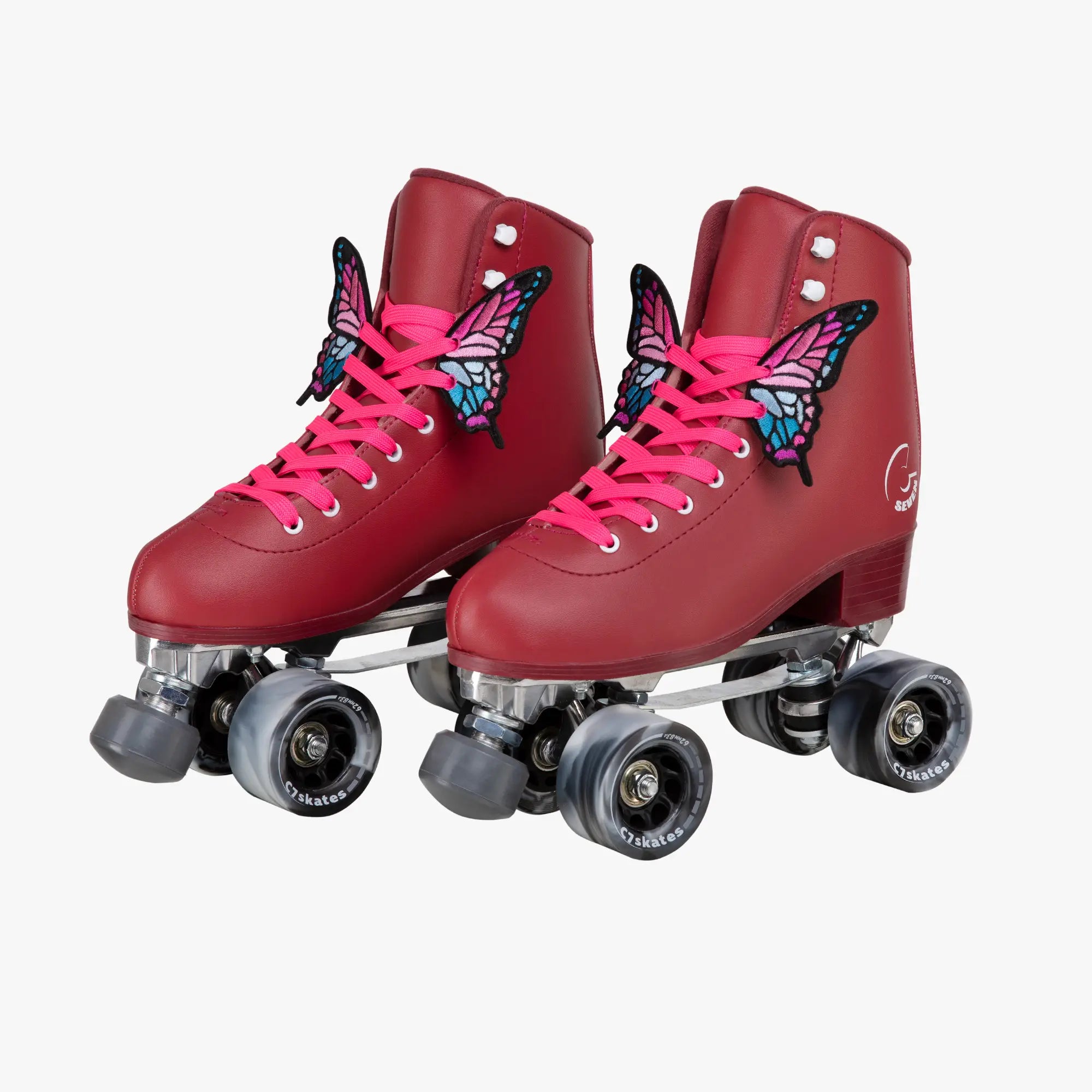 Red roller skates with pink butterfly designs on a white background