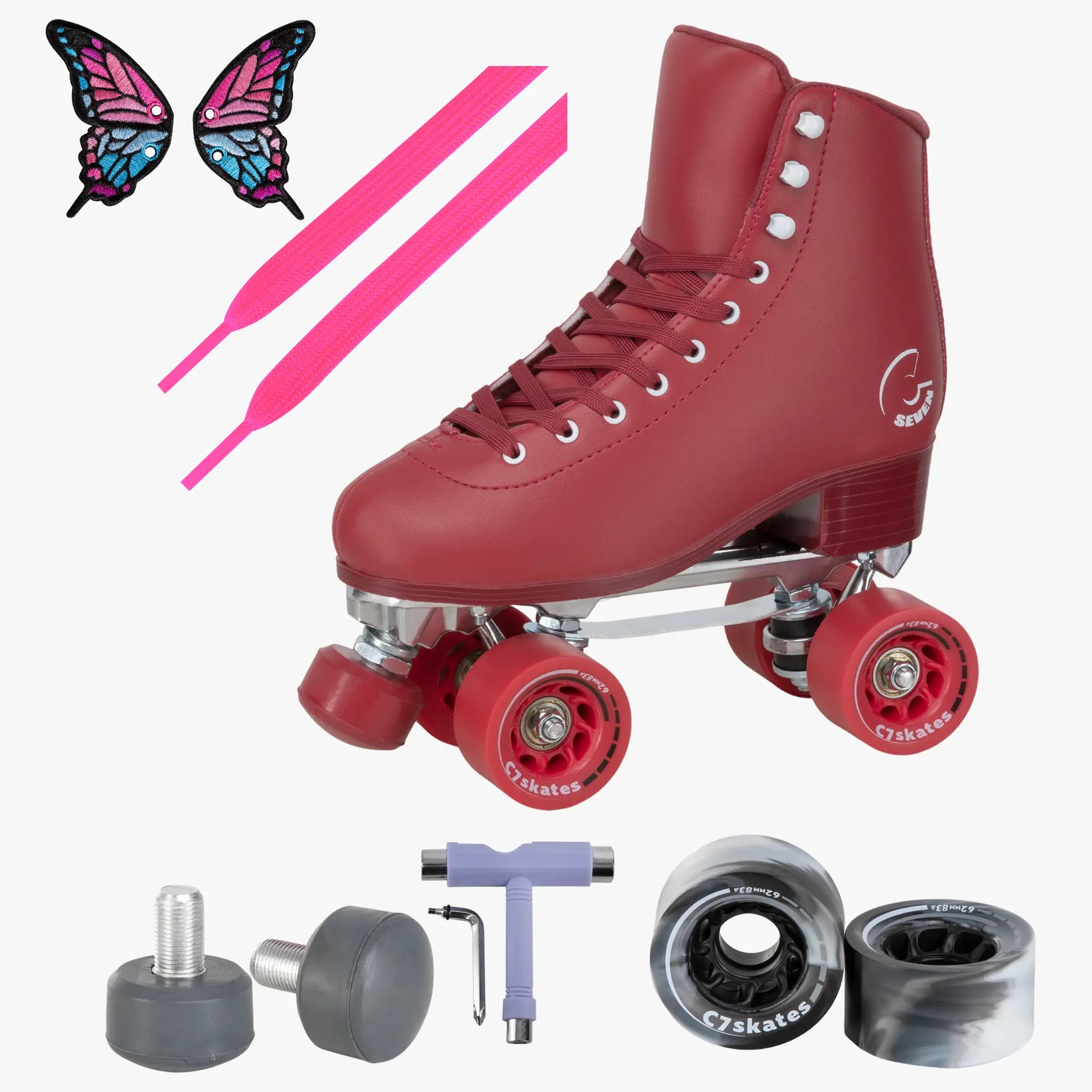 Red roller skate with accessories on a white background